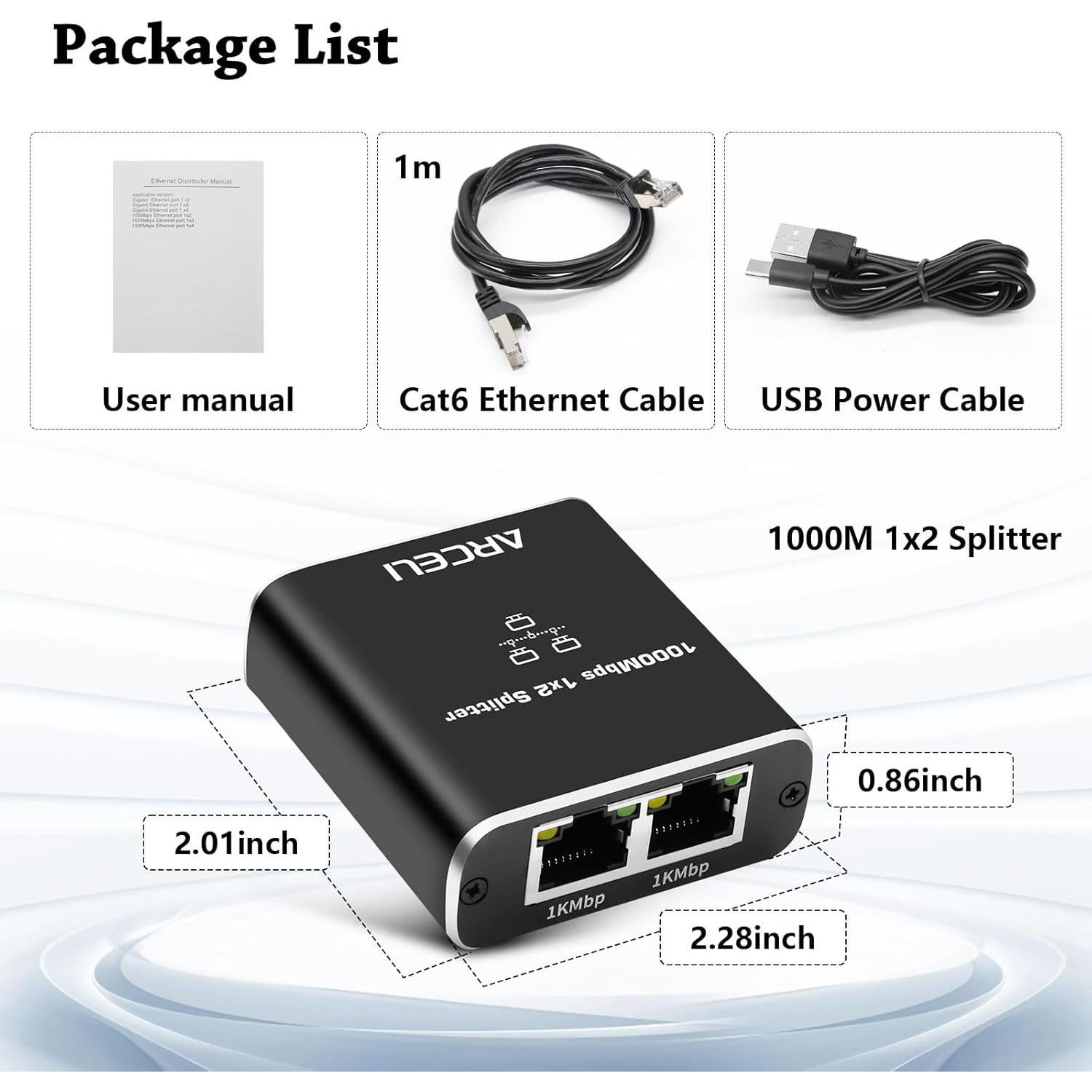 Divisor Ethernet Gigabit 1 a 2 Arceli con Cable Cat 6