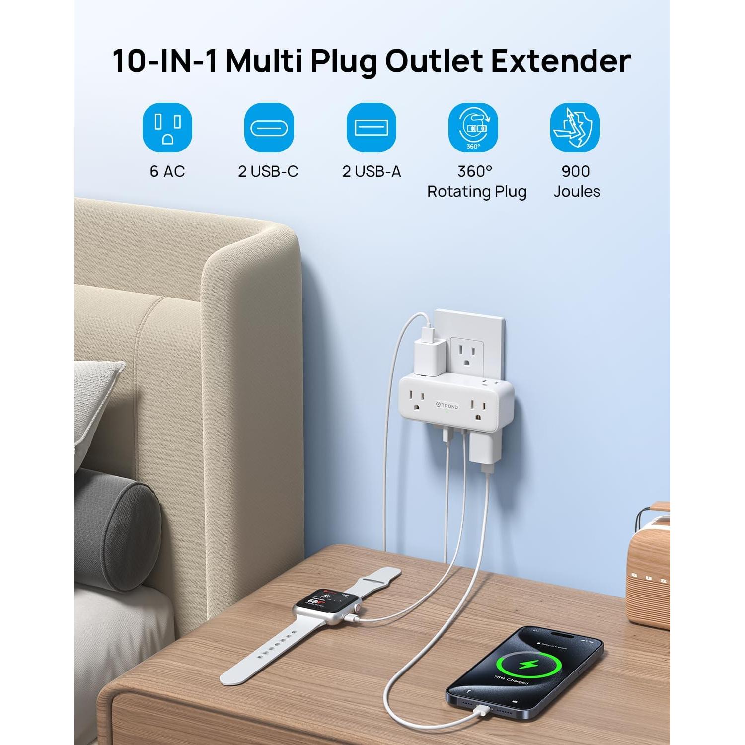 Extensor de Enchufe TROND 10-en-1 con USB PD 20W y 900J