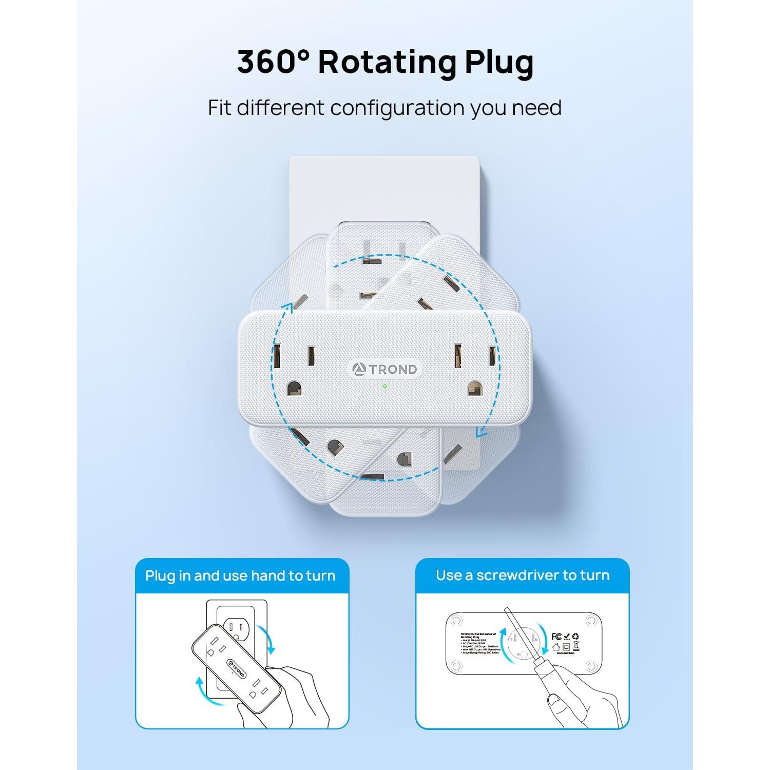 Extensor de Enchufe TROND 10-en-1 con USB PD 20W y 900J
