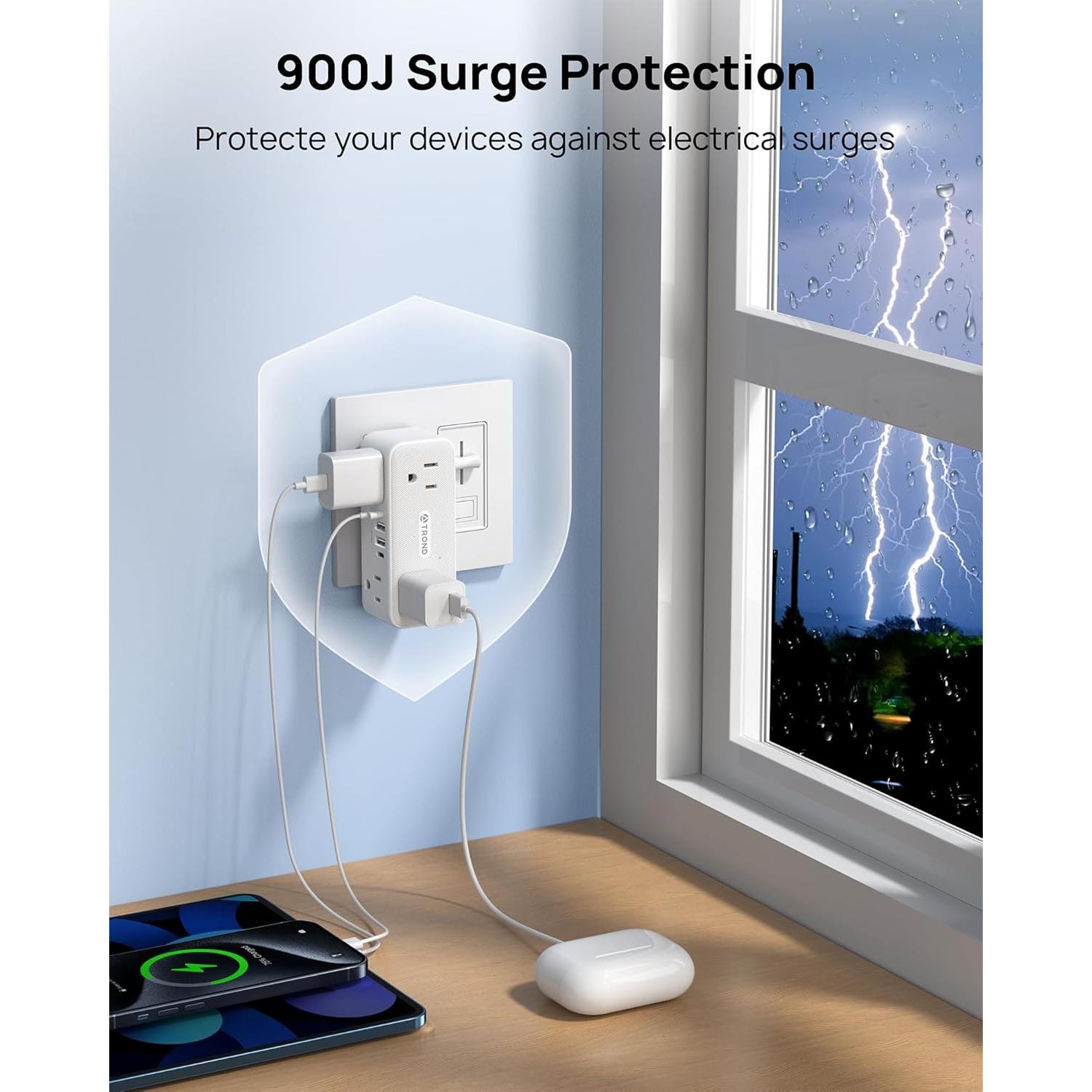 Extensor de Enchufe TROND 10-en-1 con USB PD 20W y 900J