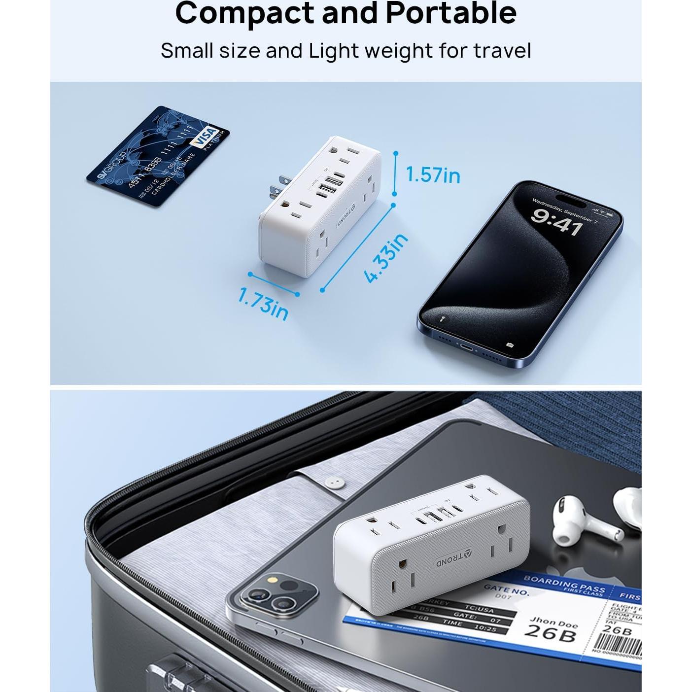 Extensor de Enchufe TROND 10-en-1 con USB PD 20W y 900J