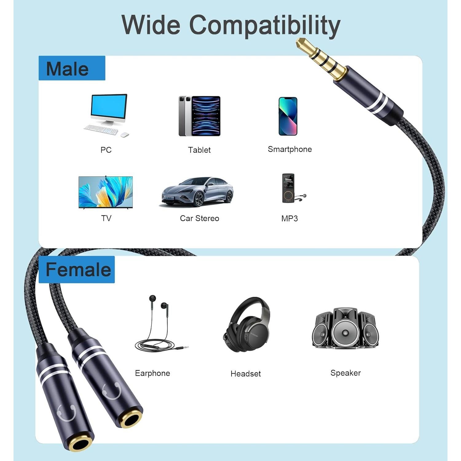 Divisor de Auriculares Jeselry 3.5mm Hi-Fi 36cm Negro