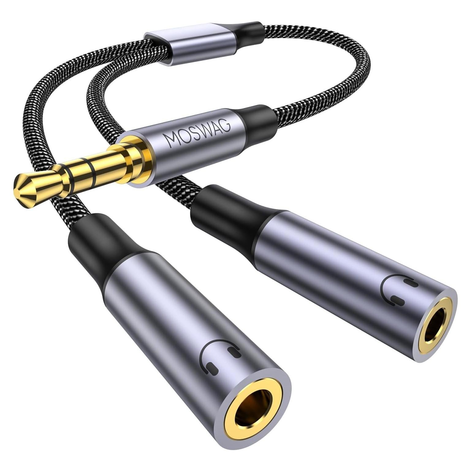 Divisor de Auriculares MOSWAG 3.5mm Estéreo Doble Jack Negro