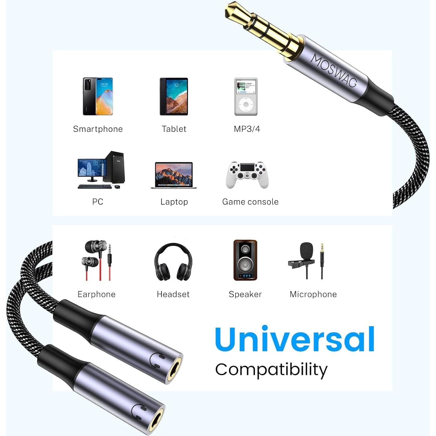 Divisor de Auriculares MOSWAG 3.5mm Estéreo Doble Jack Negro