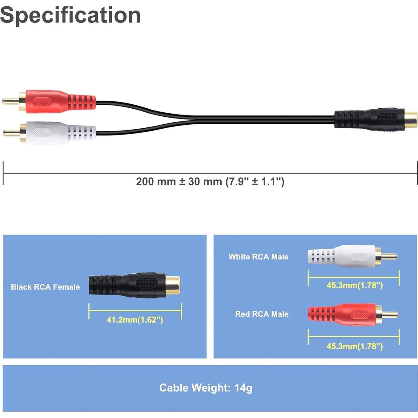 VCELINK Divisor RCA 1 Femenino a 2 Masculinos 20 cm - Paquete de 2