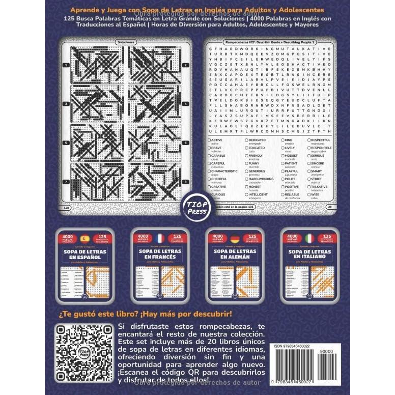 Aprende y Juega con Sopa de Letras en Inglés para Adultos y Adolescentes: 125 Busca Palabras Temáticas en Letra Grande con Soluciones | 4000 Palabras ... Adolescentes y Mayores (Spanish Edition)