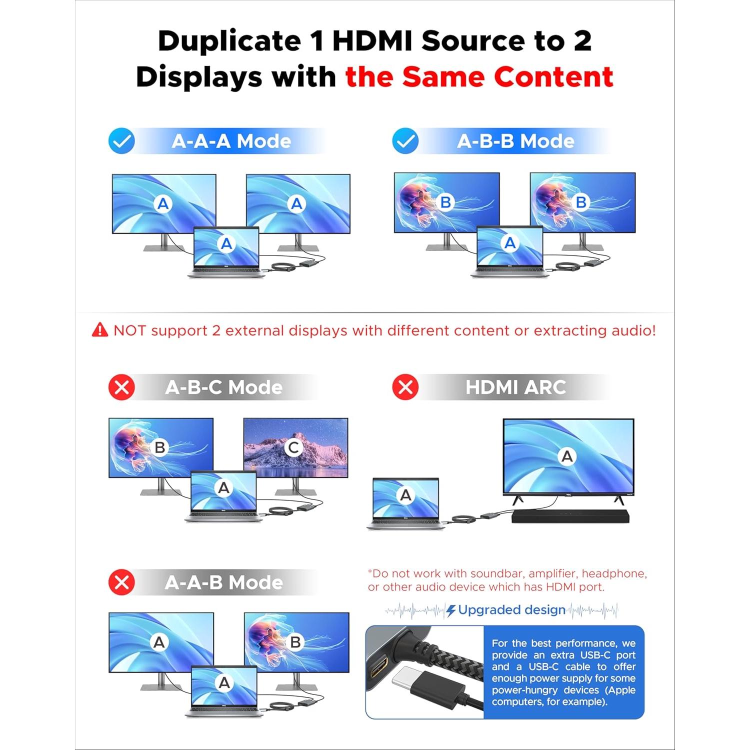 Divisor HDMI 4K Warrky 1 en 2 Salidas USB-C Metal Gris