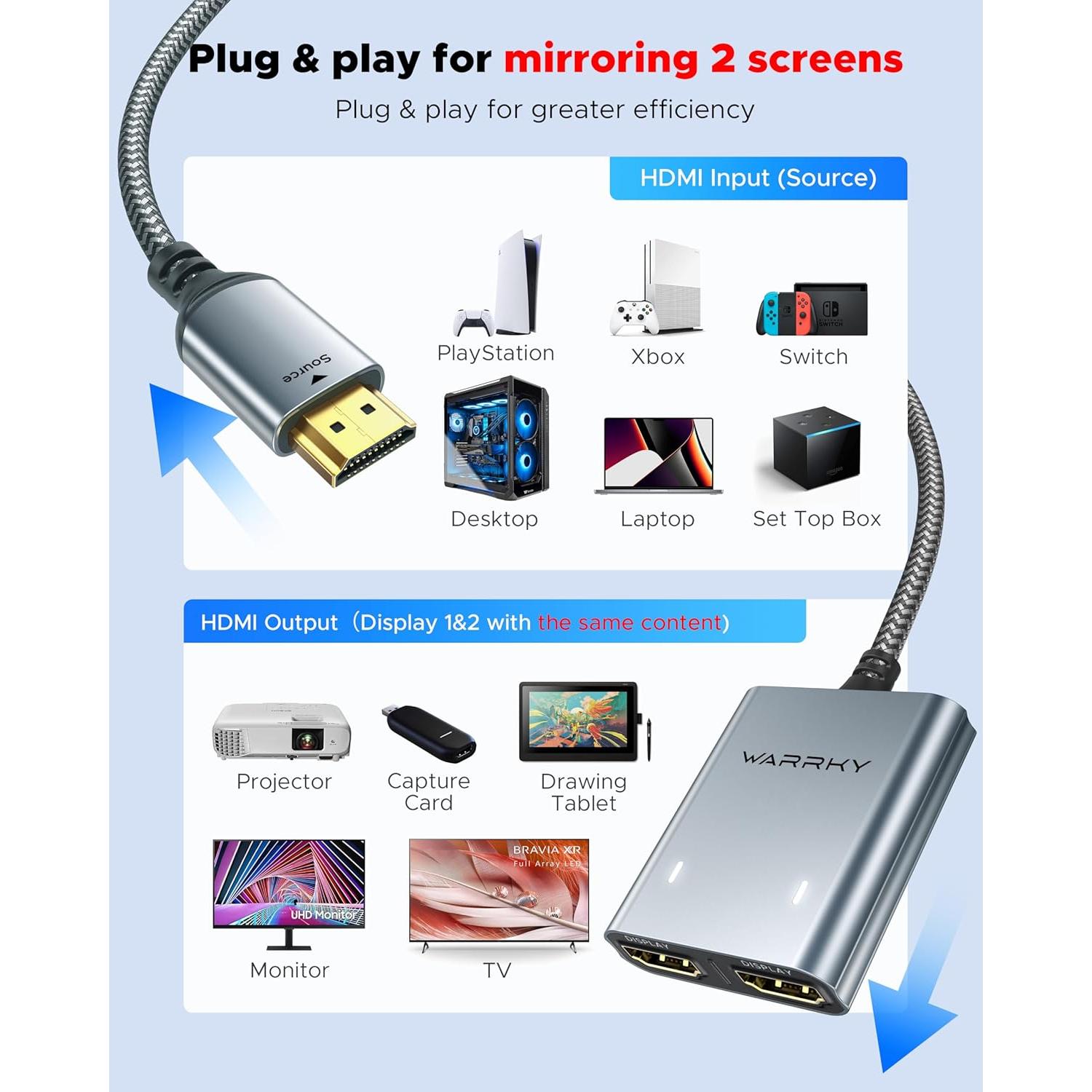 Divisor HDMI 4K Warrky 1 en 2 Salidas USB-C Metal Gris