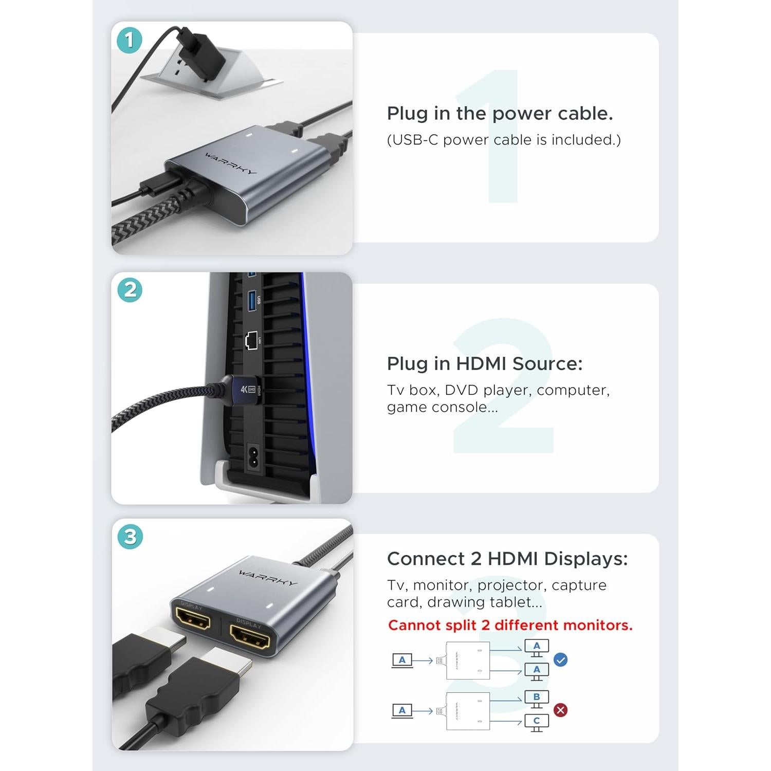 Divisor HDMI 4K Warrky 1 en 2 Salidas USB-C Metal Gris