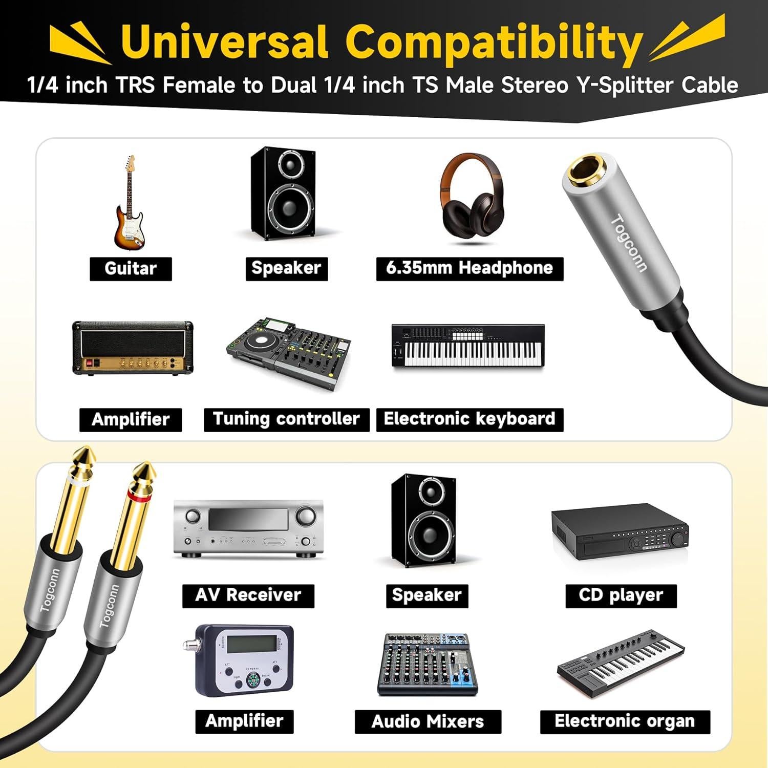 Paquete de 2 Cables Y Divisor TRS Estéreo 6.35mm Togconn