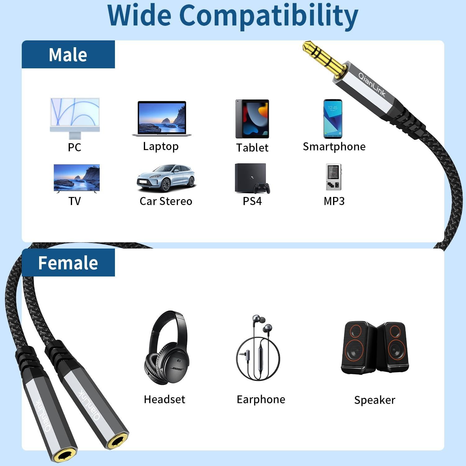 Divisor de Auriculares QianLink 3.5mm a 2 Salidas 0.30m