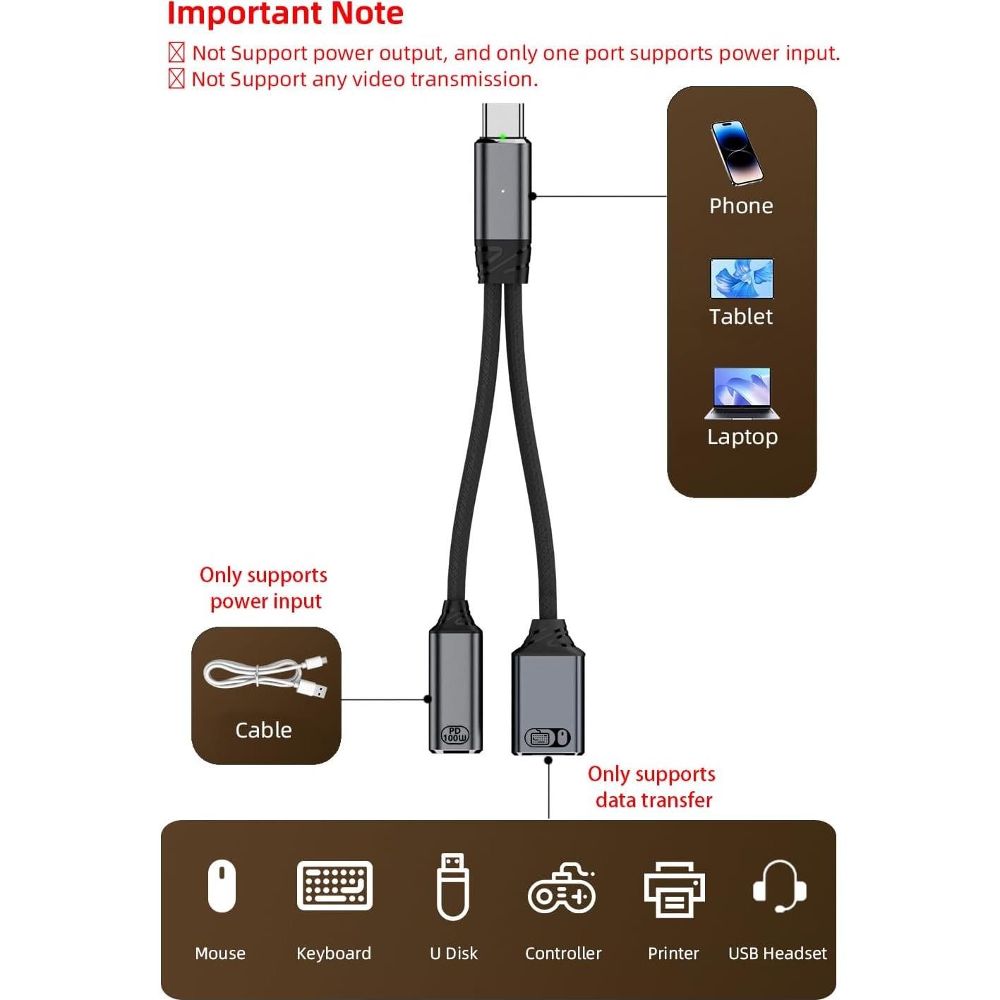 USB C to USB OTG Cable and Charger Adapter, 2-in-1 USB-C Splitter with 100W Fast Charging for iPhone 16/15 Series, iPad, MacBook, Galaxy S24/S23 and More-Grey (No for Power and Video Output)
