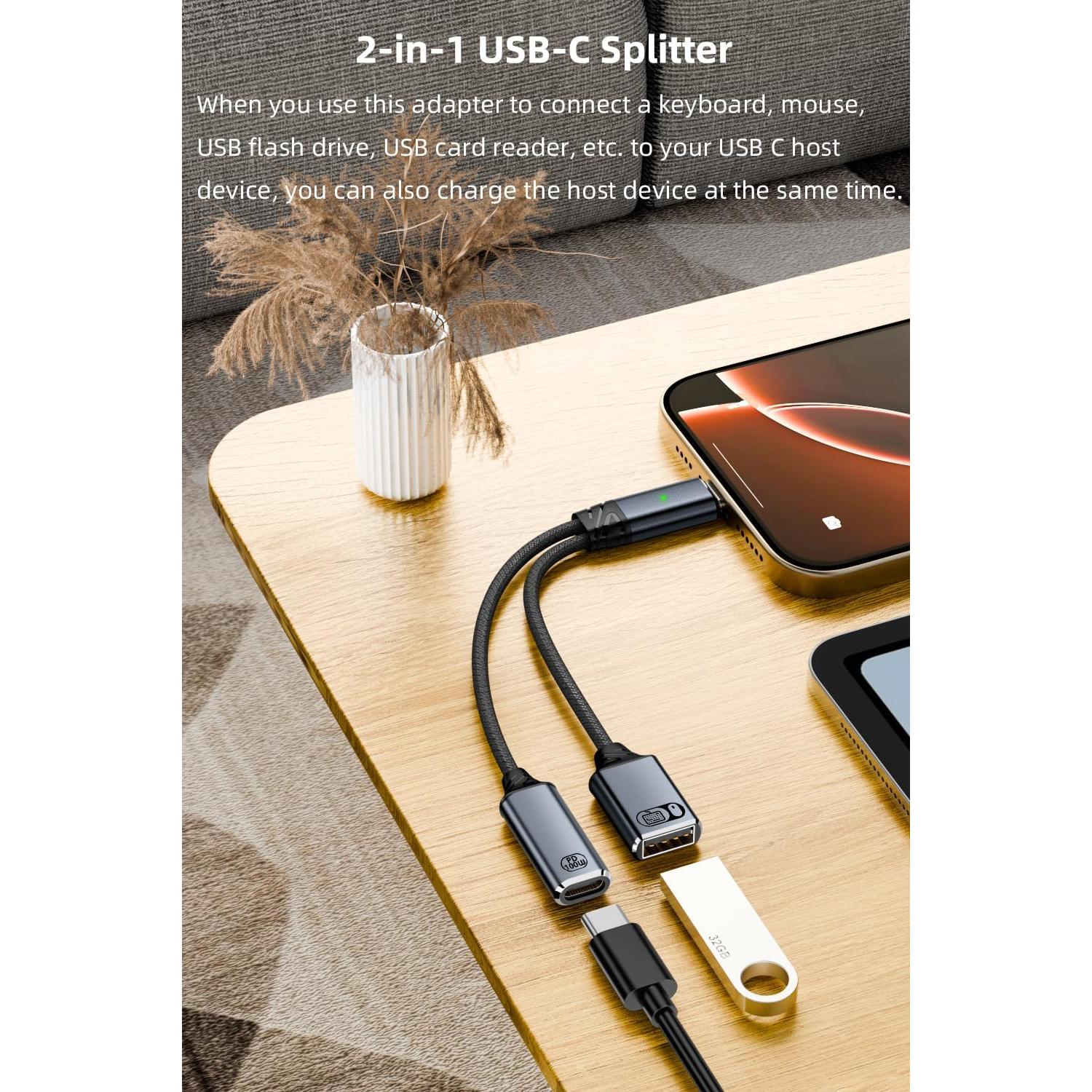 USB C to USB OTG Cable and Charger Adapter, 2-in-1 USB-C Splitter with 100W Fast Charging for iPhone 16/15 Series, iPad, MacBook, Galaxy S24/S23 and More-Grey (No for Power and Video Output)