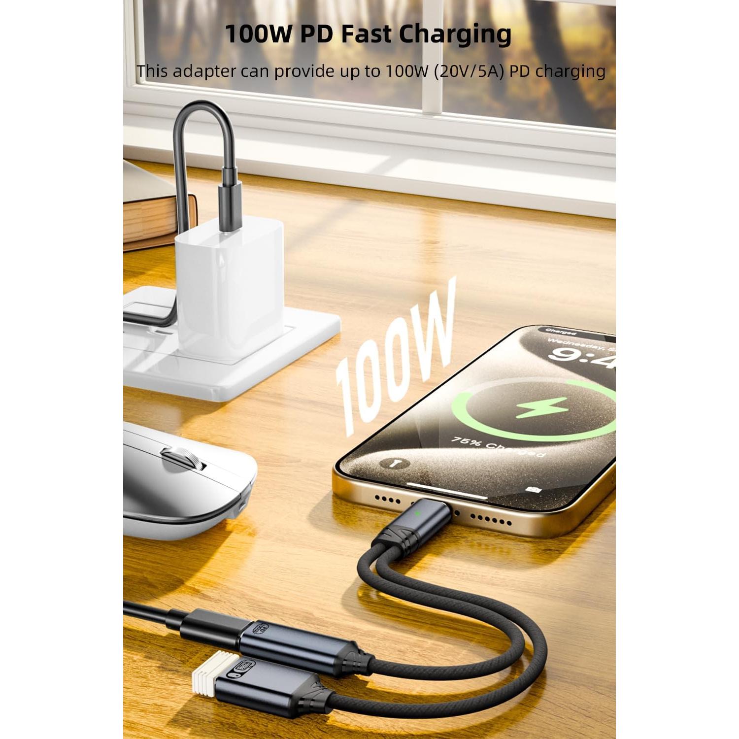 USB C to USB OTG Cable and Charger Adapter, 2-in-1 USB-C Splitter with 100W Fast Charging for iPhone 16/15 Series, iPad, MacBook, Galaxy S24/S23 and More-Grey (No for Power and Video Output)