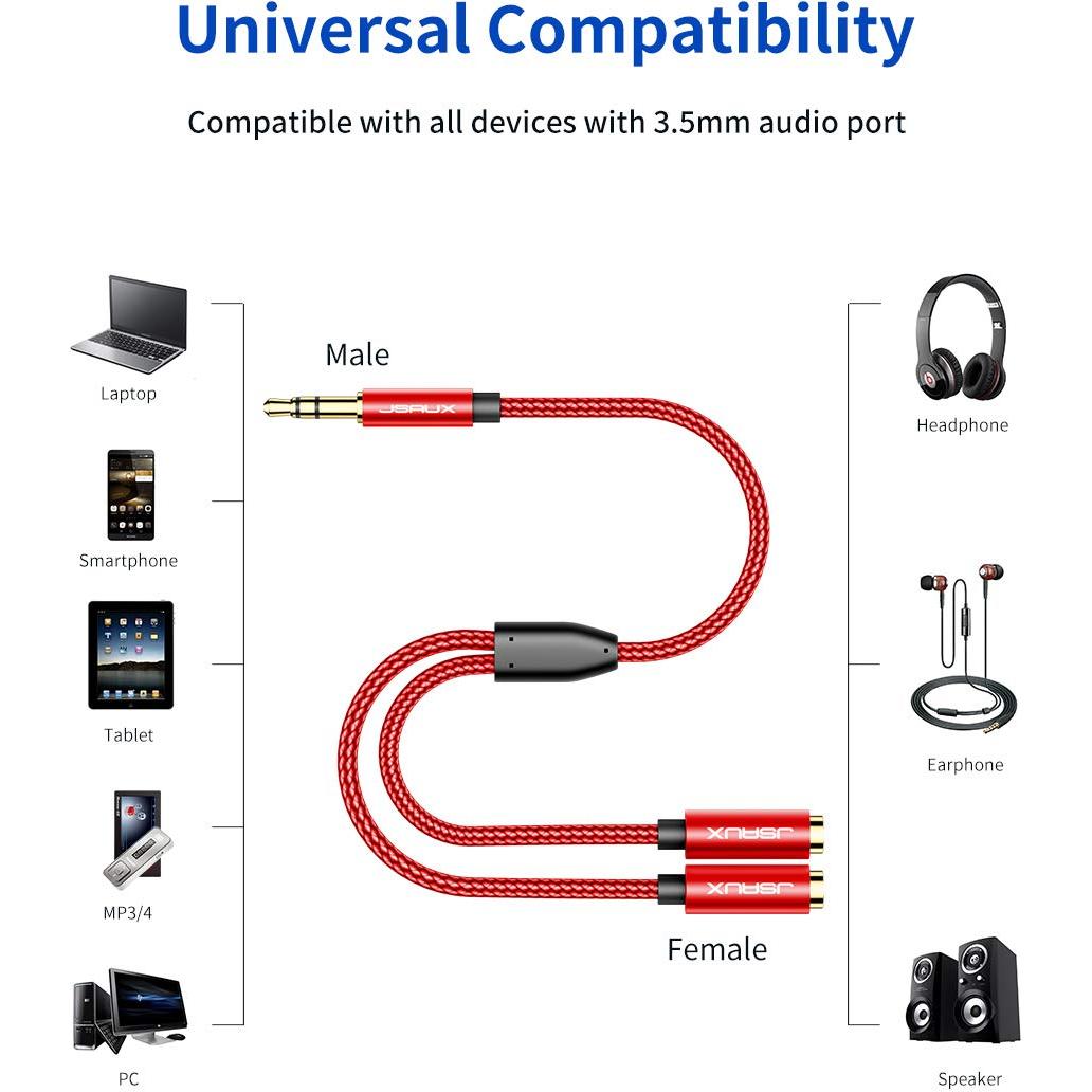 Divisor de Auriculares JSAUX 3.5mm Doble Rojo 0.28m