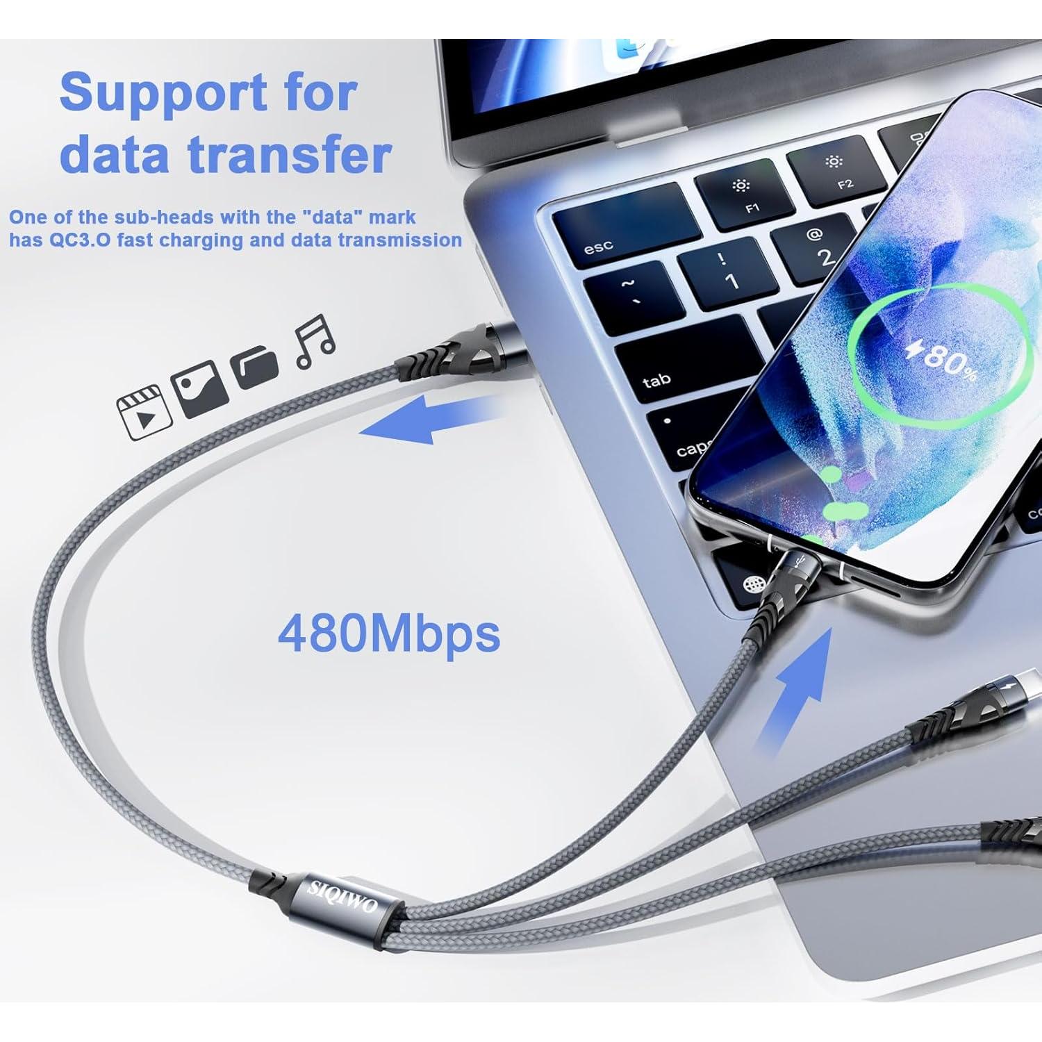 Cable Multi USB C SIQIWO 4FT Carga Rápida QC 3.0 3 en 1