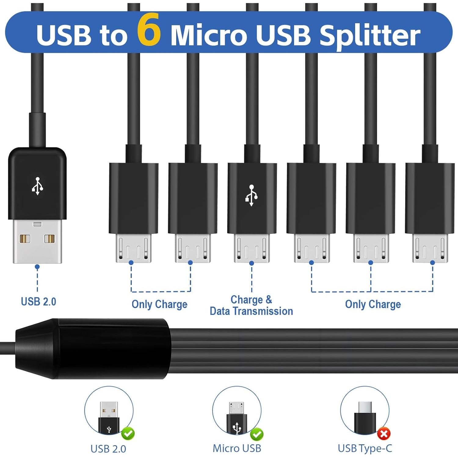 Cable Divisor Micro USB Herfair 1.5m 6-en-1 Carga y Datos