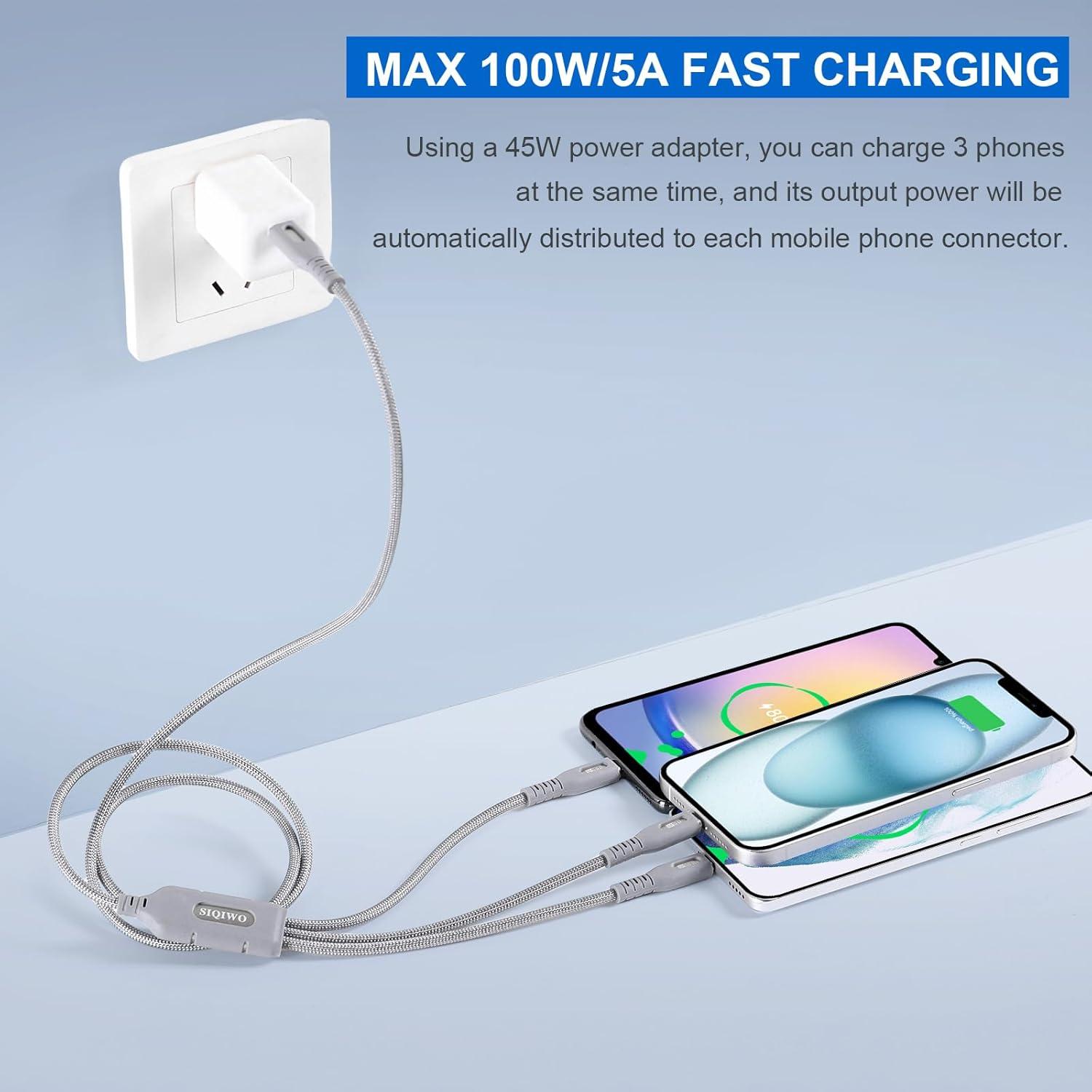 Cable USB C 100W SIQIWO 1.2M 3 en 1 Carga Rápida