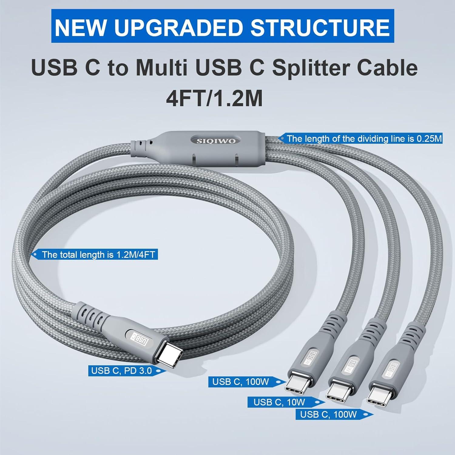 Cable USB C 100W SIQIWO 1.2M 3 en 1 Carga Rápida