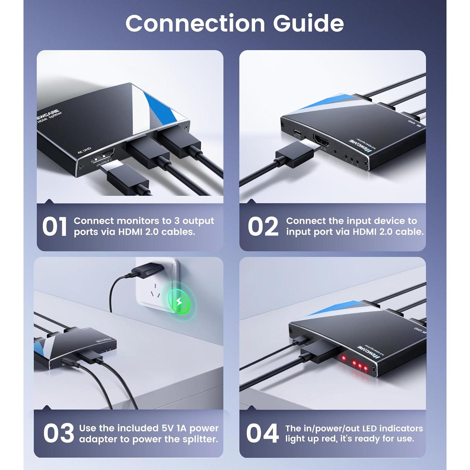 Divisor HDMI 4K NEWCARE 1x3 Salidas con Cable de 1.2m