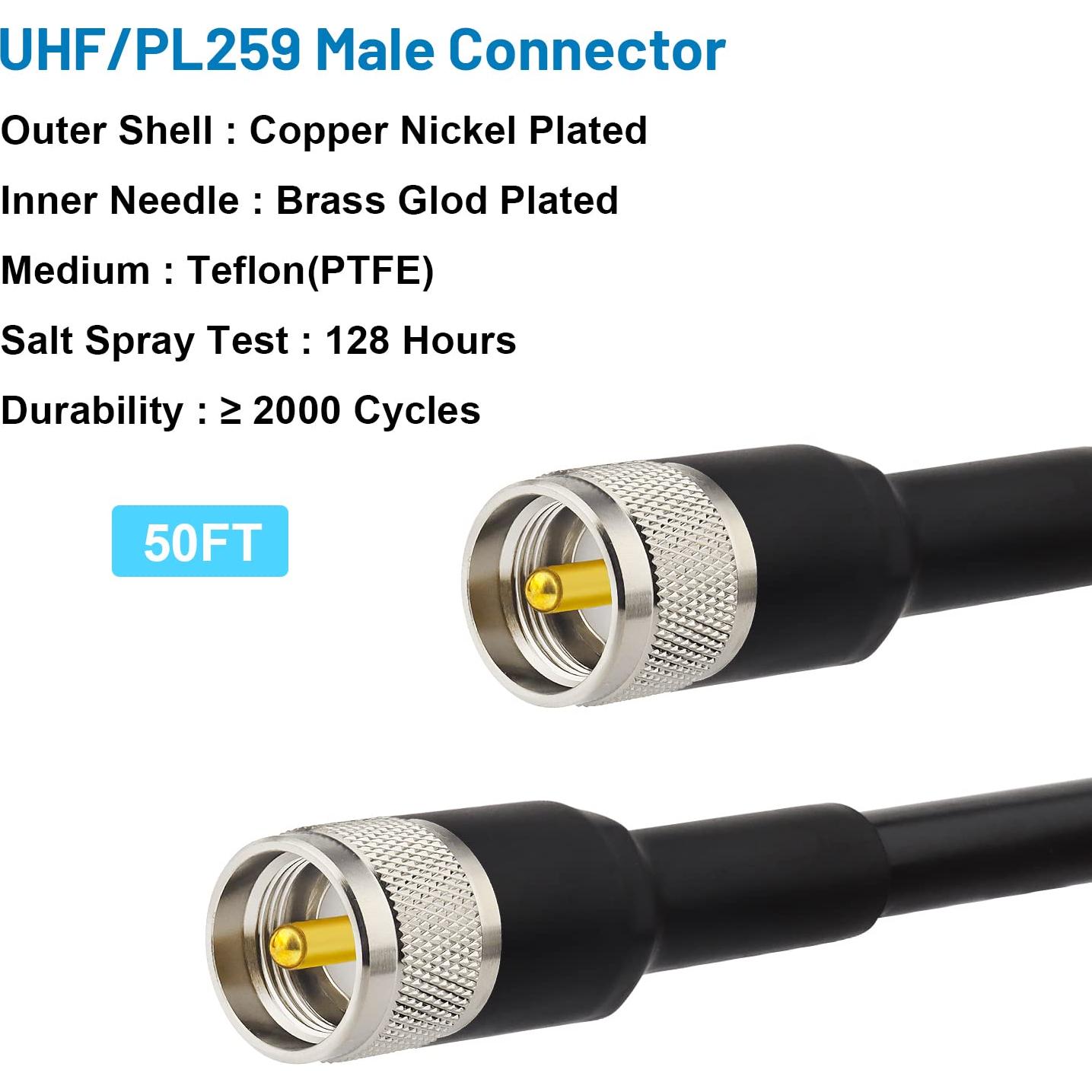 Cable coaxial KMR400 PL259 macho a macho 15.24m - UHF baja pérdida