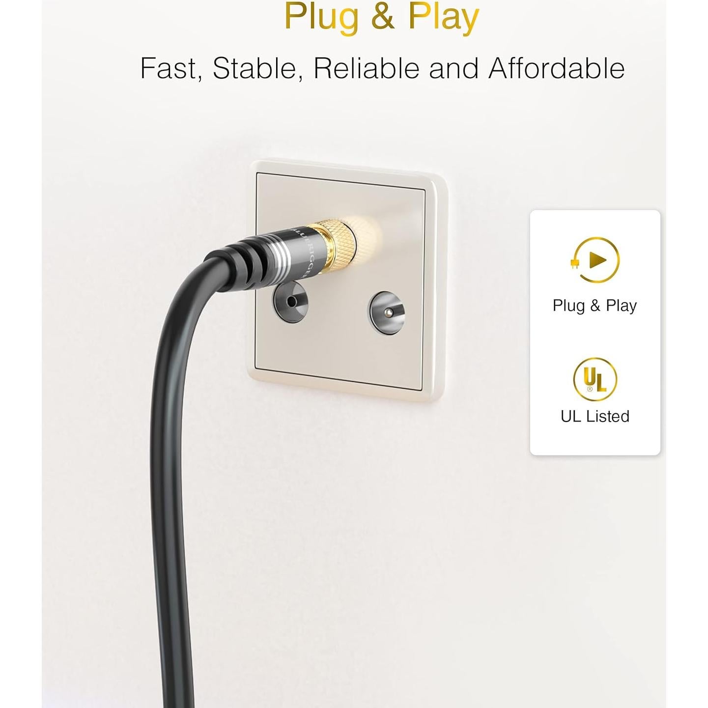 Cable Coaxial BlueRigger RG6 6.1m Conector Tipo F Baño de Oro