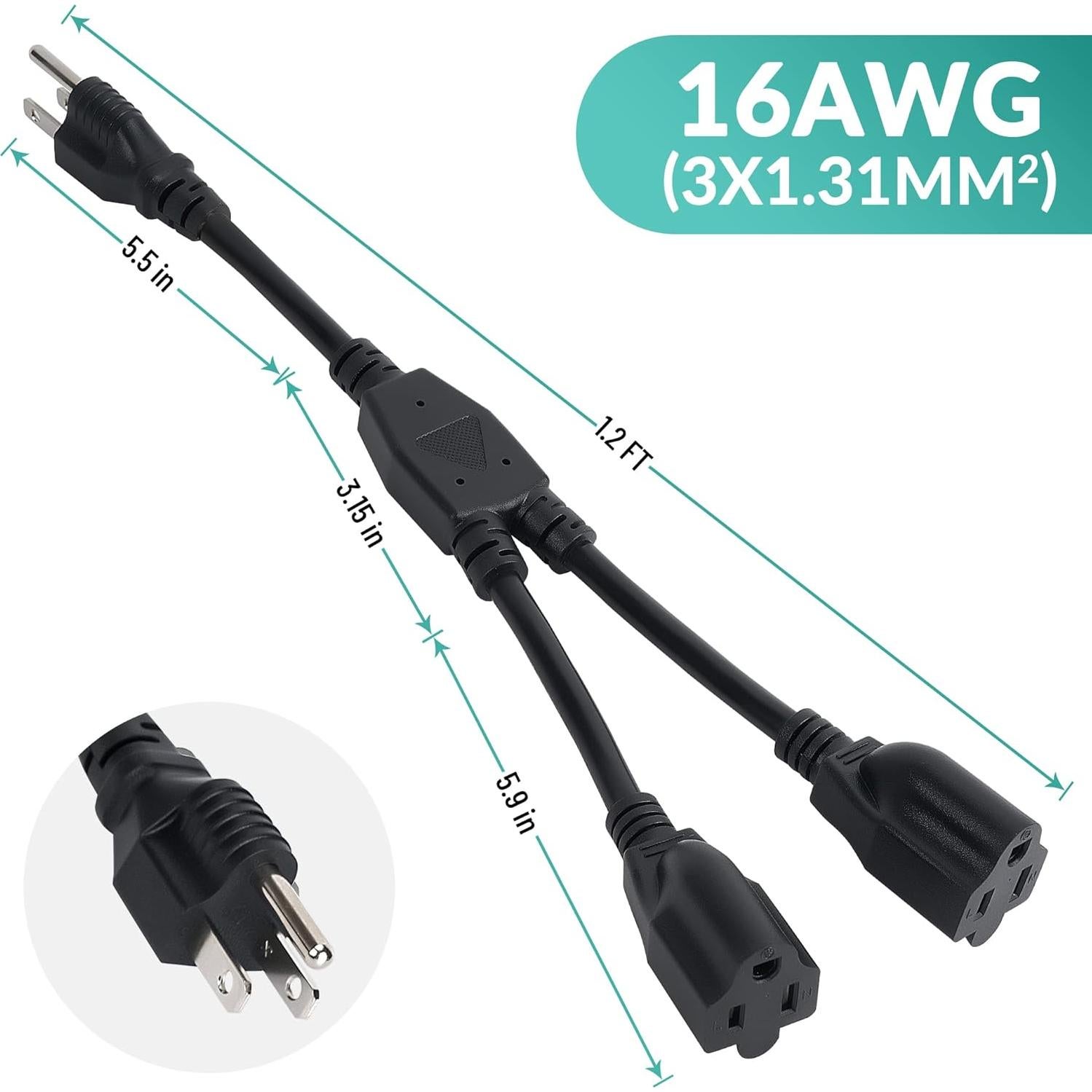 Cable de Extensión Elecan 1FT con Divisor 3 Clavijas 16AWG