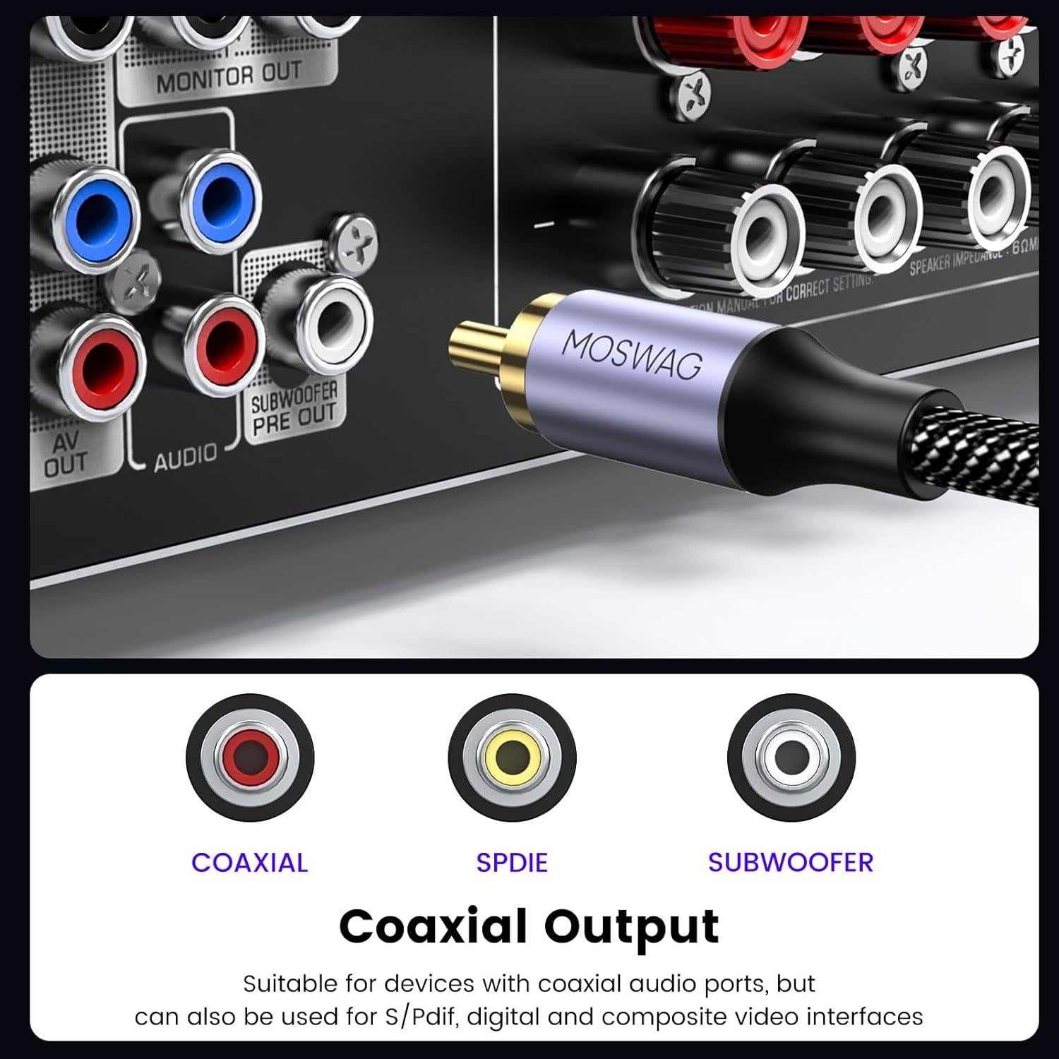 Cable Coaxial RCA Digital MOSWAG 1M, Audio HiFi, 24K Oro