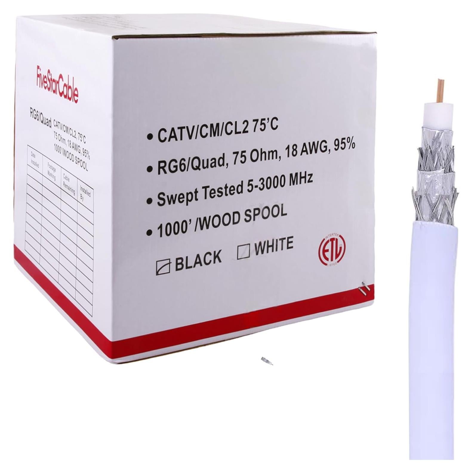 Cable Coaxial RG6 Cuádruple Blindaje 1000 pies 75 Ohm Five Star