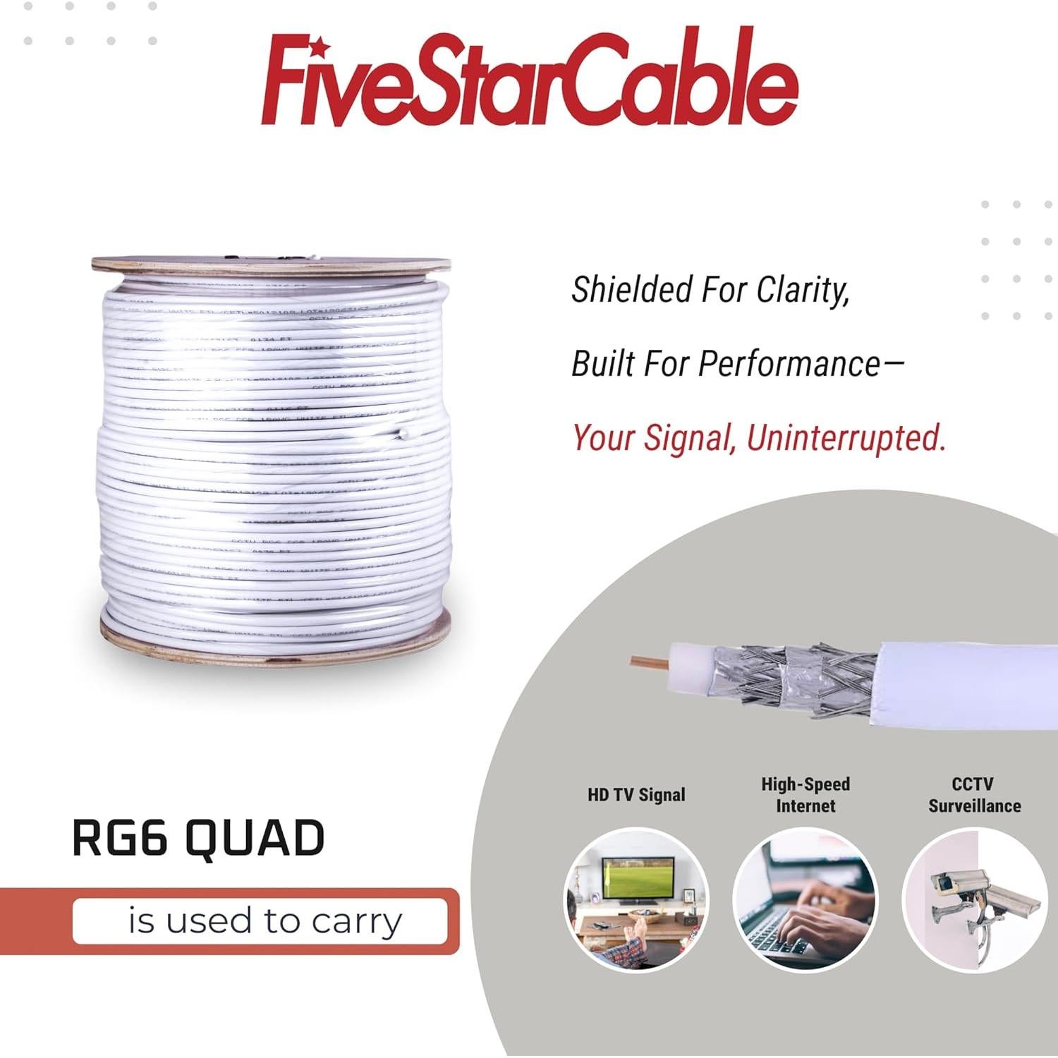 Cable Coaxial RG6 Cuádruple Blindaje 1000 pies 75 Ohm Five Star