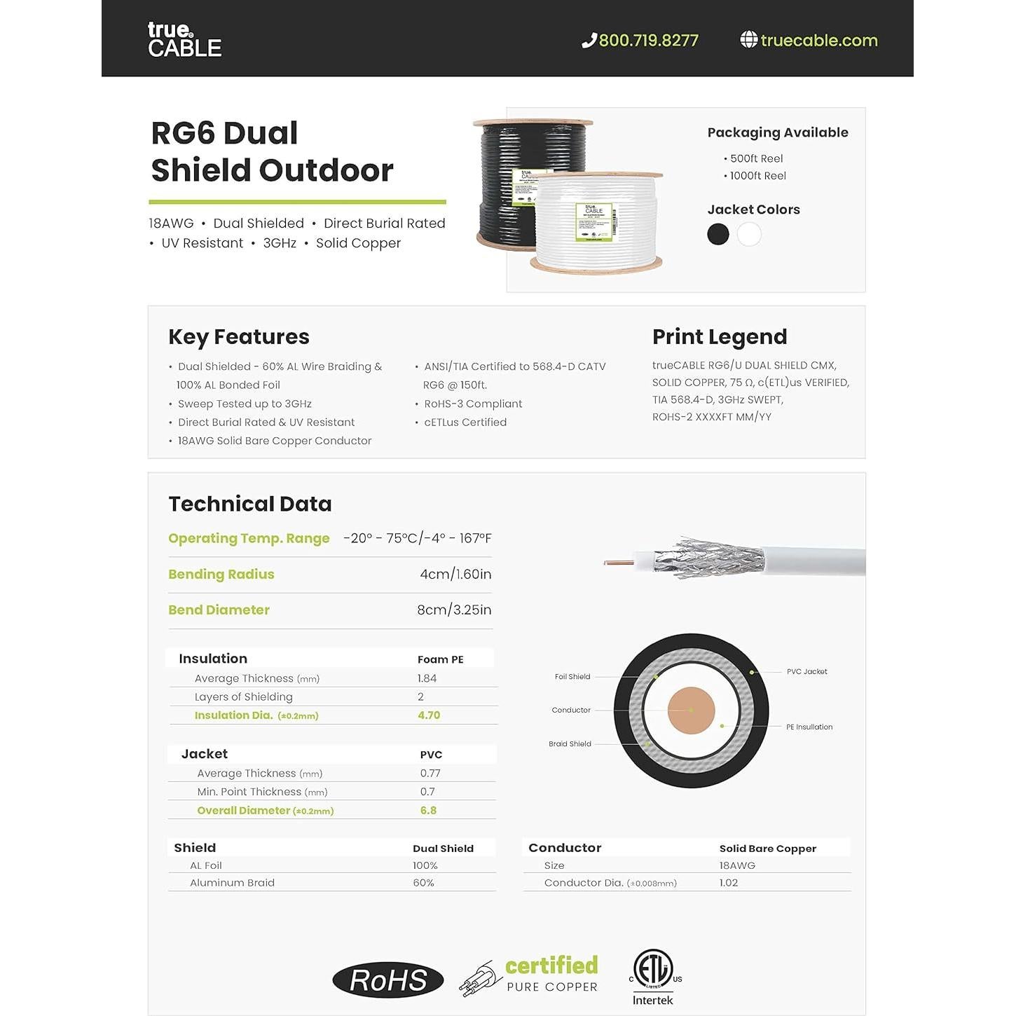 Cable Coaxial RG6 Exterior Doble Blindaje trueCABLE 1000ft