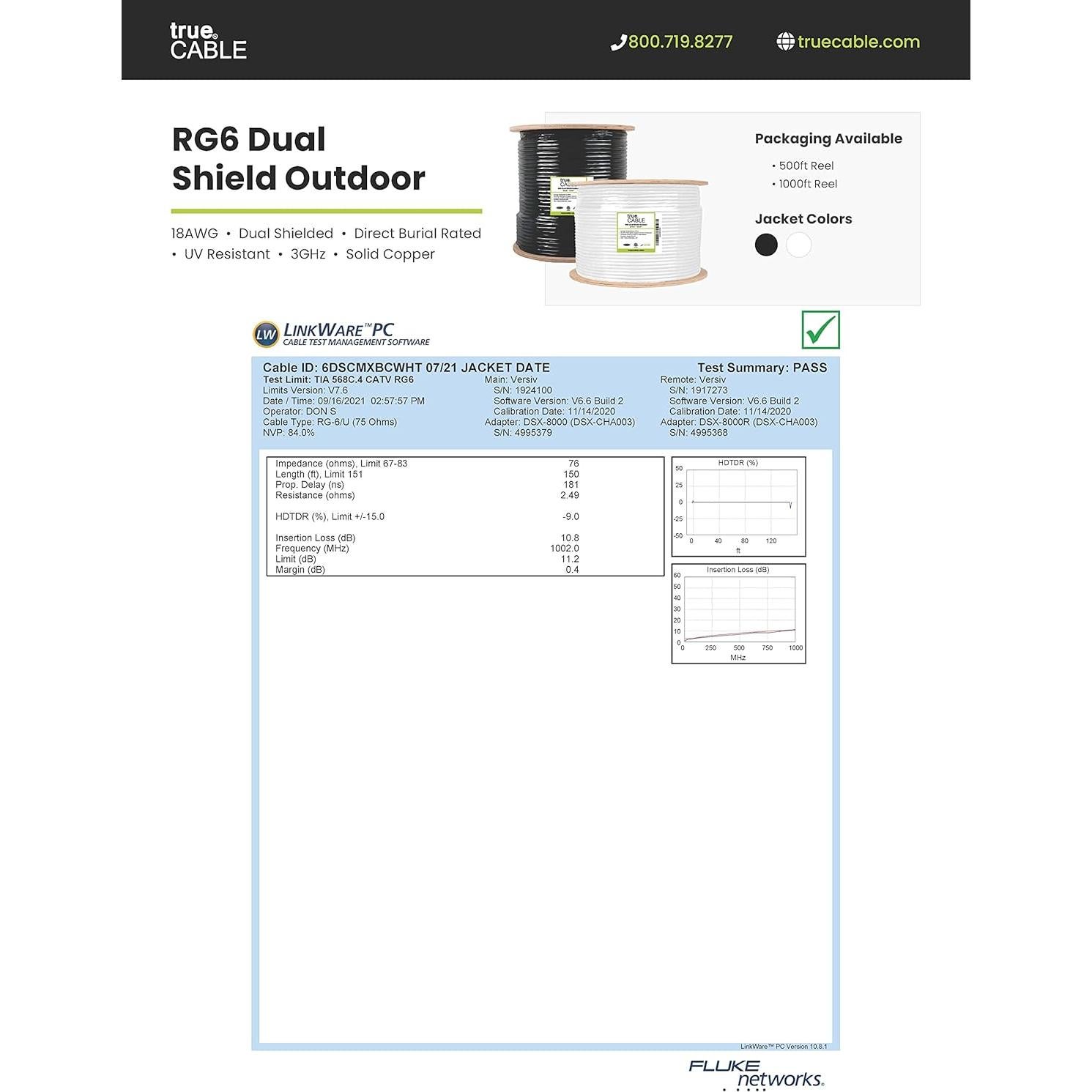 Cable Coaxial RG6 Exterior Doble Blindaje trueCABLE 1000ft