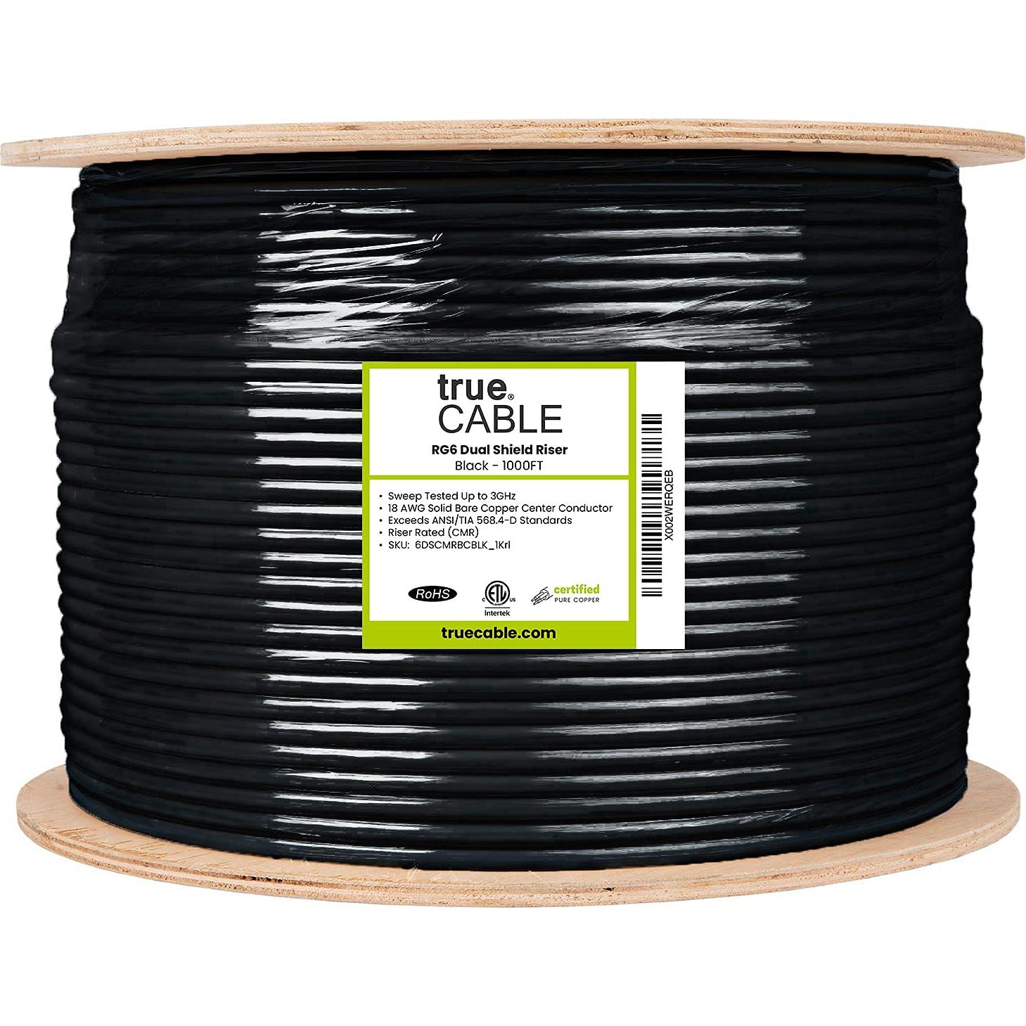Cable Coaxial RG6 trueCABLE 1000 pies Doble Blindaje Negro