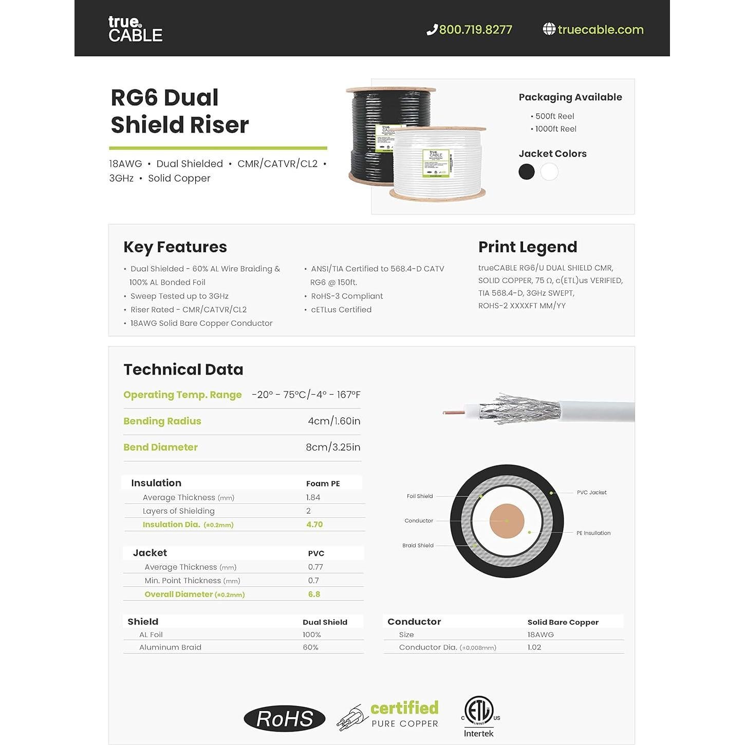 Cable Coaxial RG6 trueCABLE 1000 pies Doble Blindaje Negro