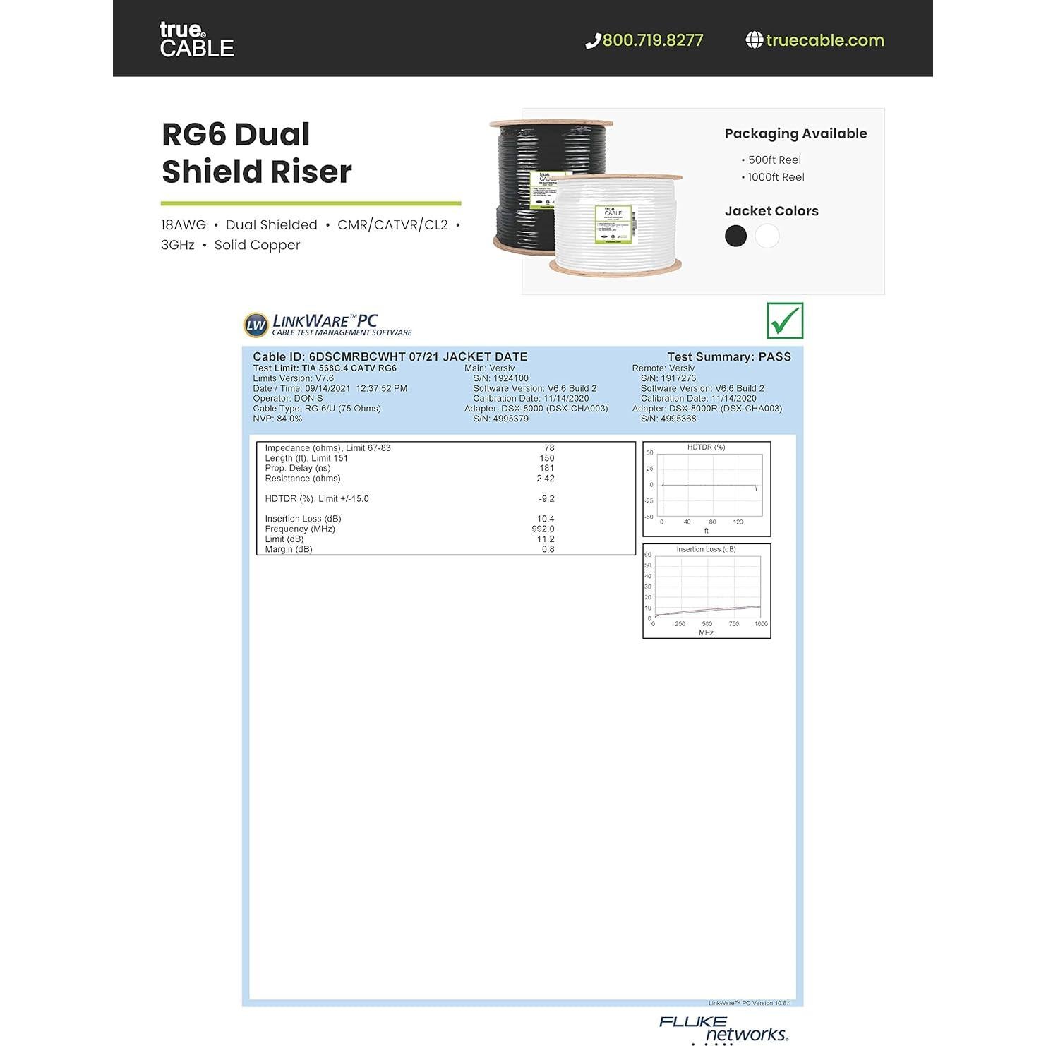 Cable Coaxial RG6 trueCABLE 1000 pies Doble Blindaje Negro