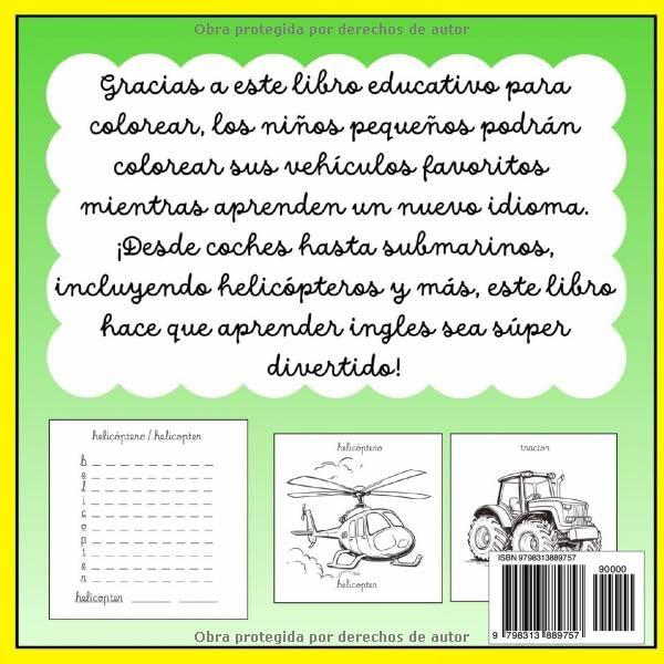 Libro para colorear educativo: Edición de vehículos: Un manual divertido para niños con ejercicios para aprender inglés (Libro para colorear educativo: Serie en español) (Spanish Edition)