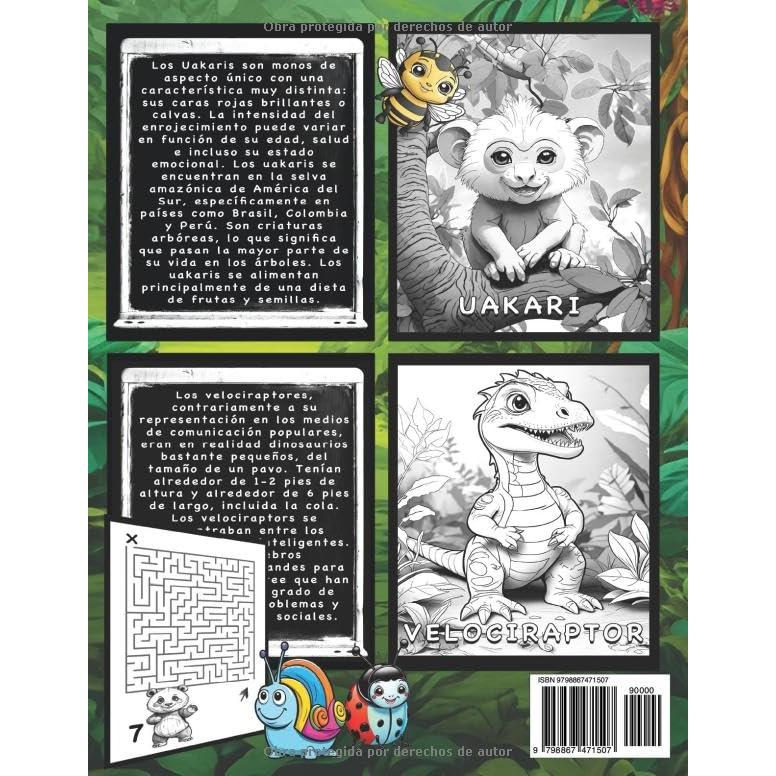 LIBRO PARA COLOREAR: PARA NINOS CON ANIMALES DINOSAURIOS DATOS CURIOSOS Y LABERINTOS (Spanish Edition)