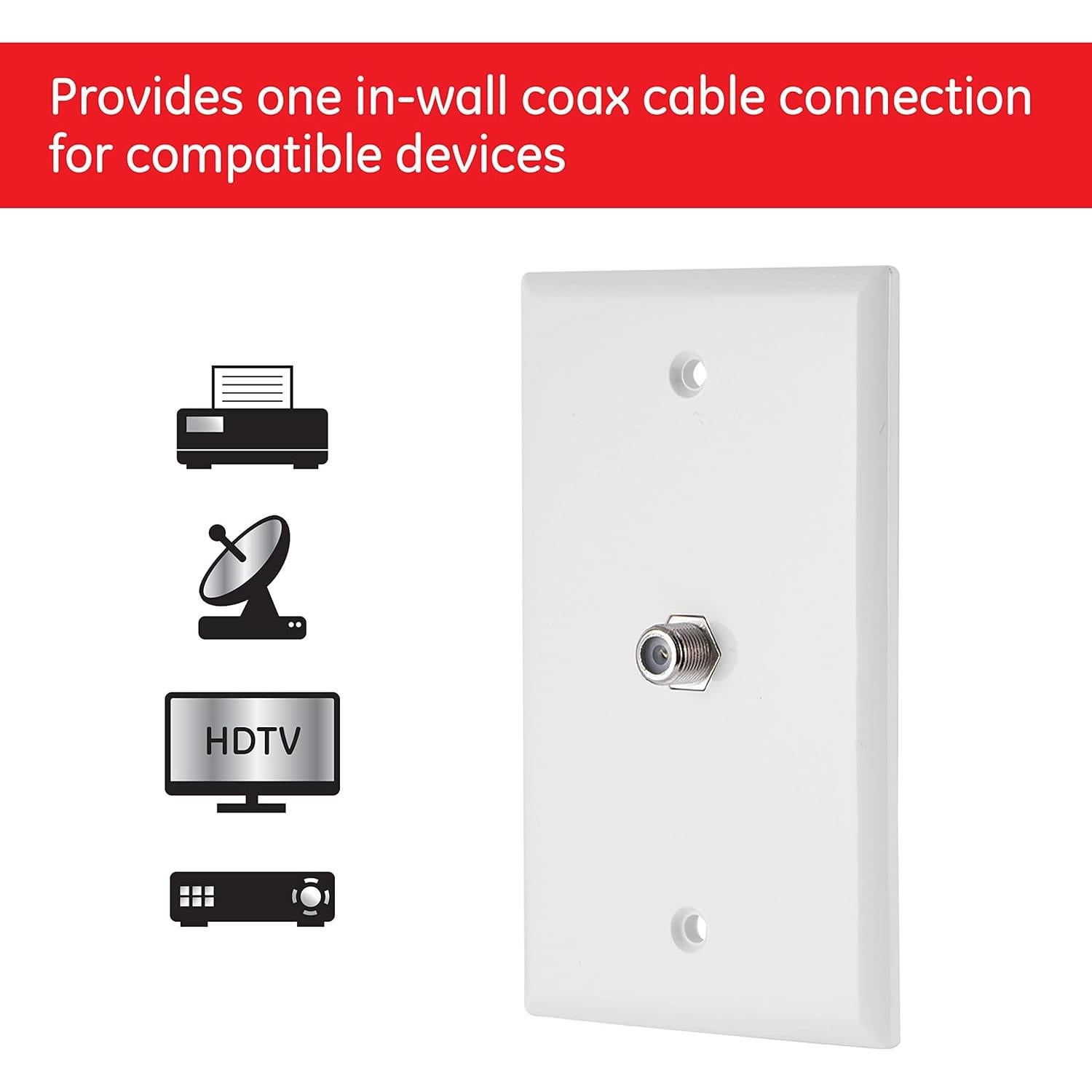Placa Coaxial GE 1 Puerto Tipo F Montada en Pared Blanca