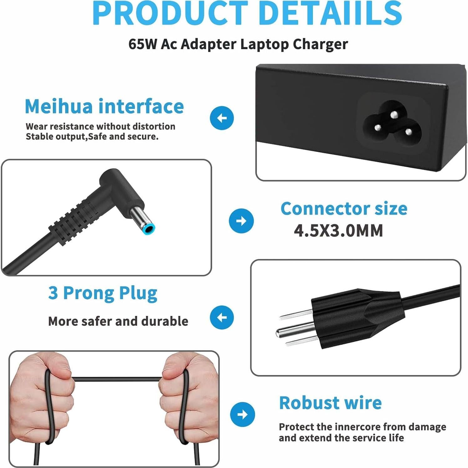 Cargador Laptop 65W HP Adaptador Corriente 4.5x3.0mm