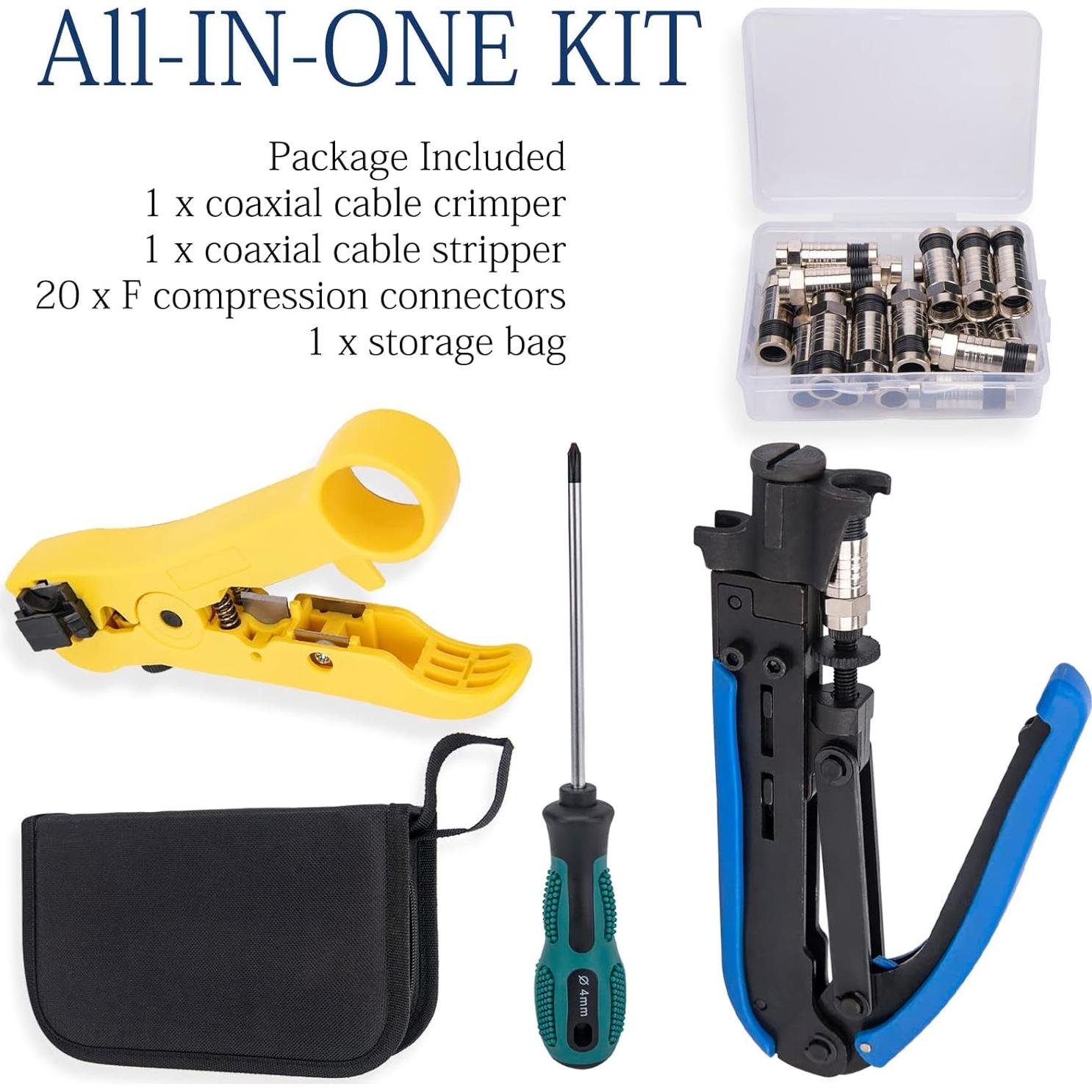 Kit de Crimpadora de Cable Coaxial AZUNYYDS con 20 Conectores F