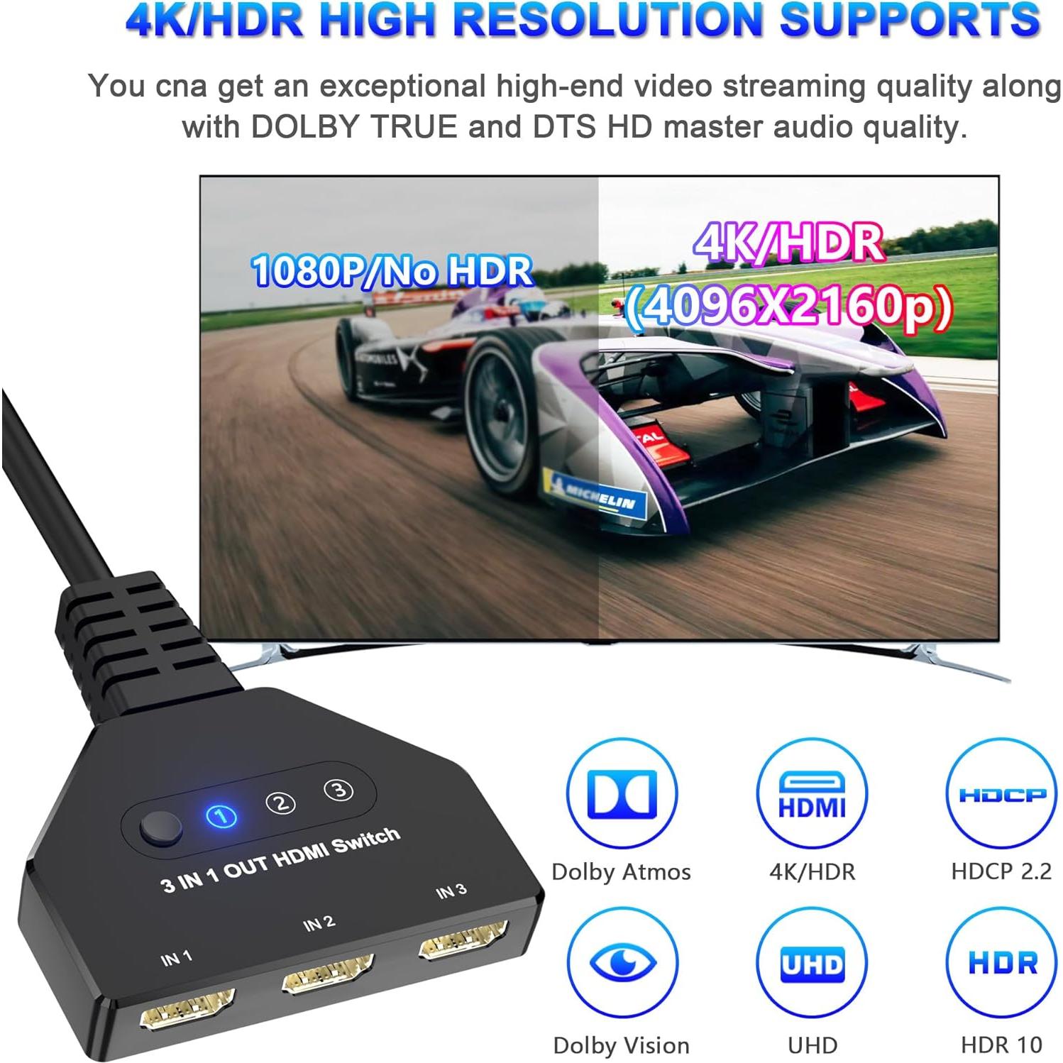Conmutador HDMI 3 en 1 AUKOKIOULA 4K@30Hz Soporta 1080P 3D