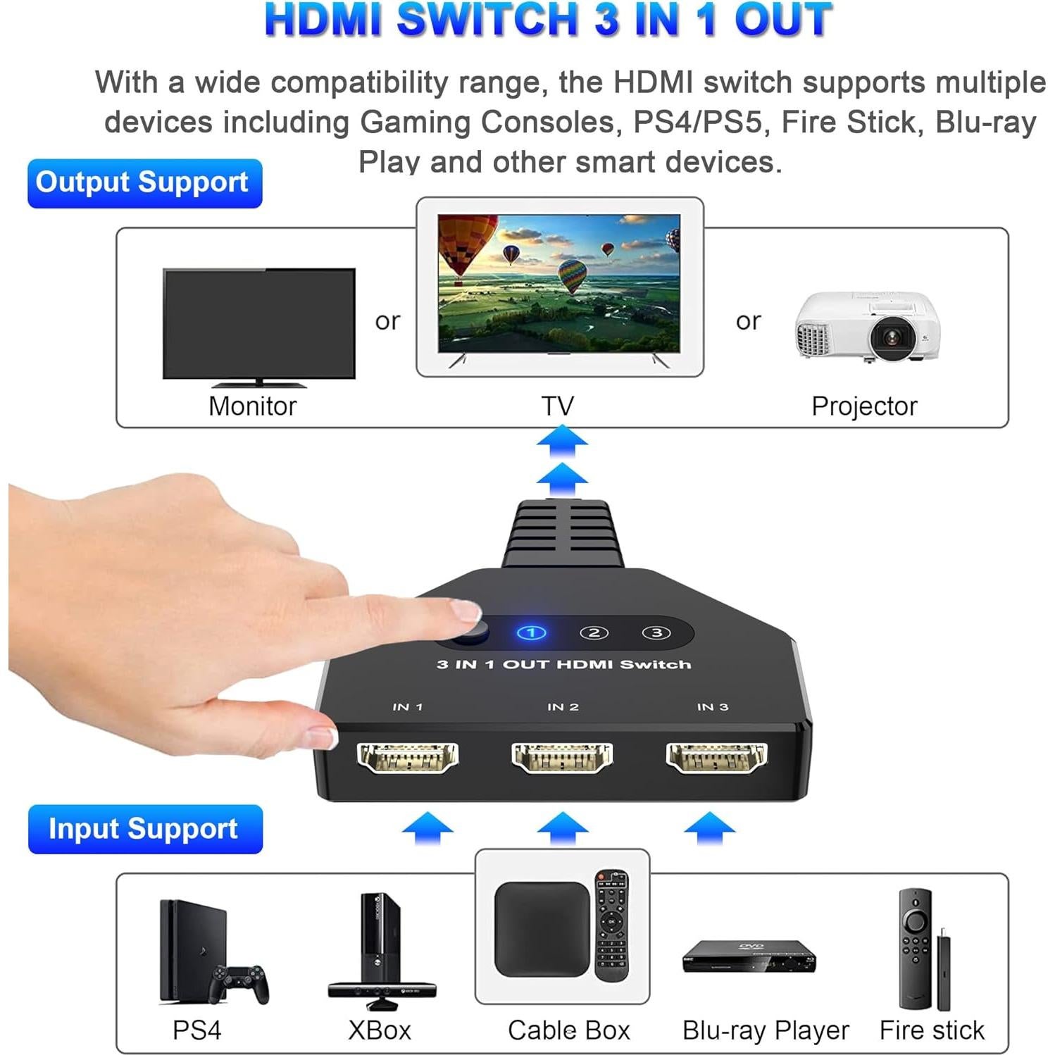 Conmutador HDMI 3 en 1 AUKOKIOULA 4K@30Hz Soporta 1080P 3D