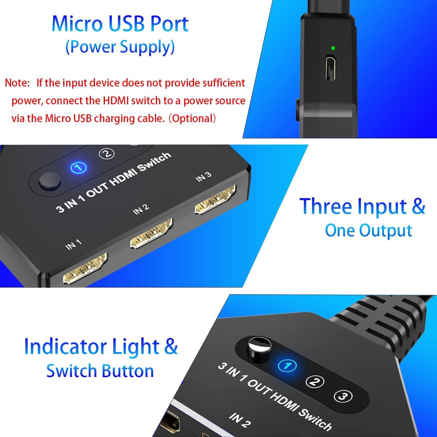 Conmutador HDMI 3 en 1 AUKOKIOULA 4K@30Hz Soporta 1080P 3D