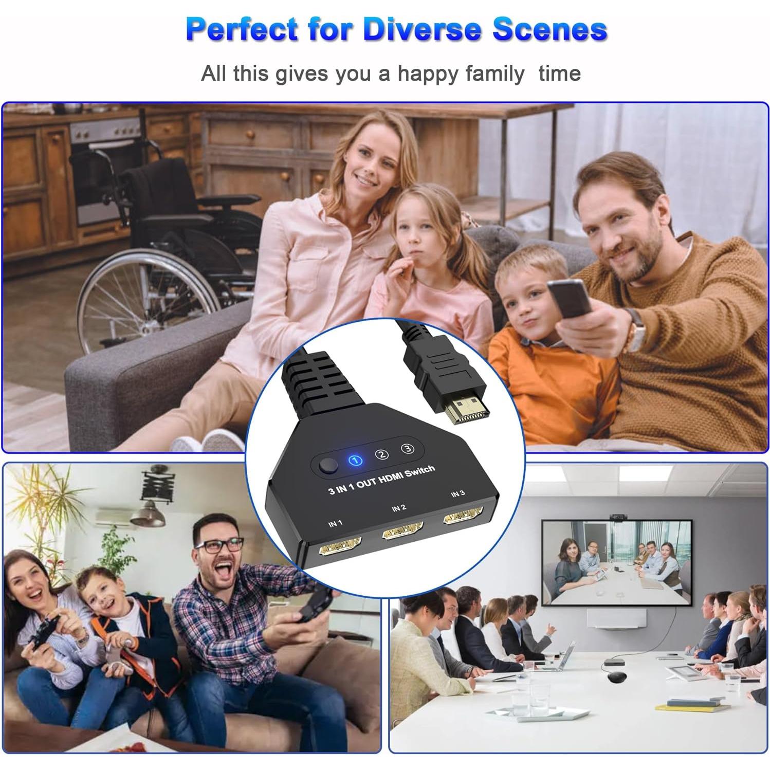 Conmutador HDMI 3 en 1 AUKOKIOULA 4K@30Hz Soporta 1080P 3D