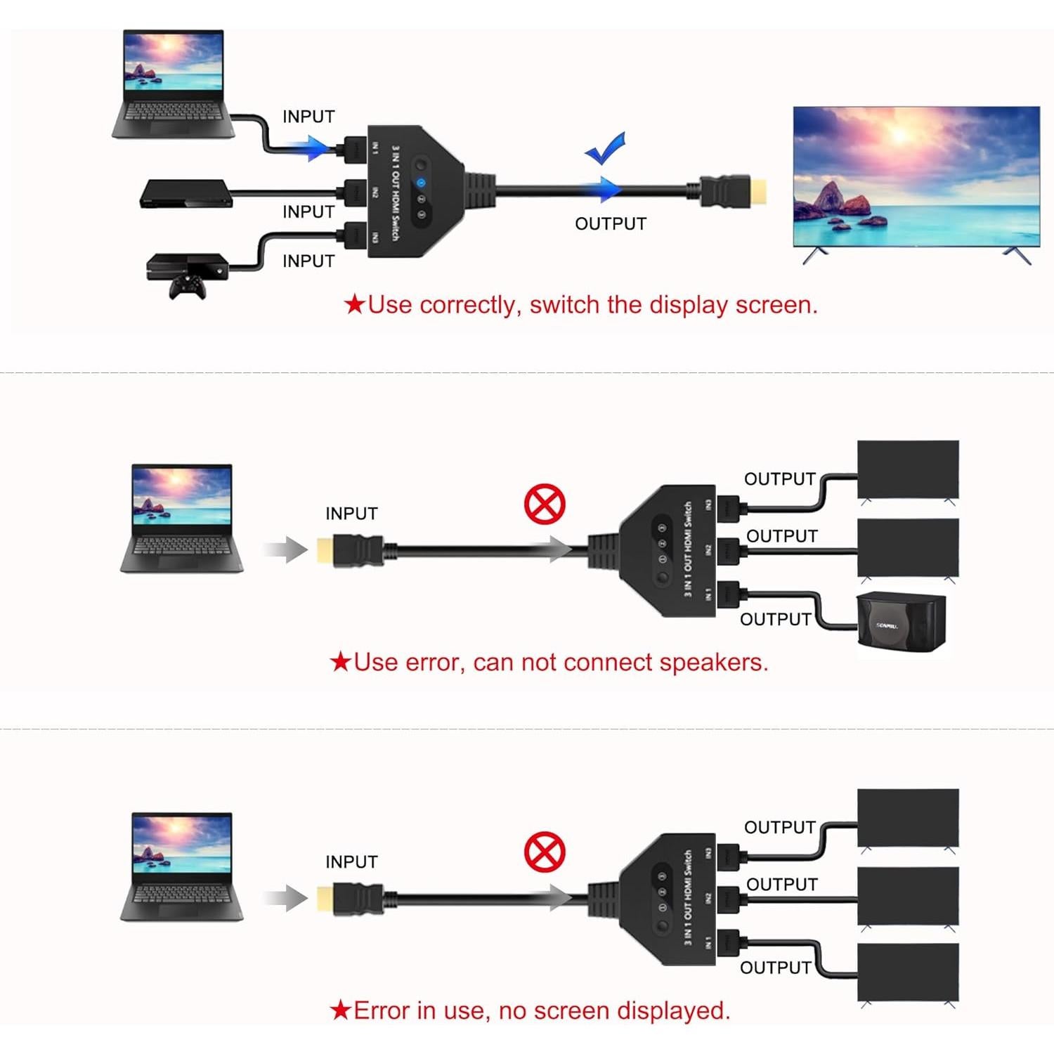 Conmutador HDMI 3 en 1 AUKOKIOULA 4K@30Hz Soporta 1080P 3D