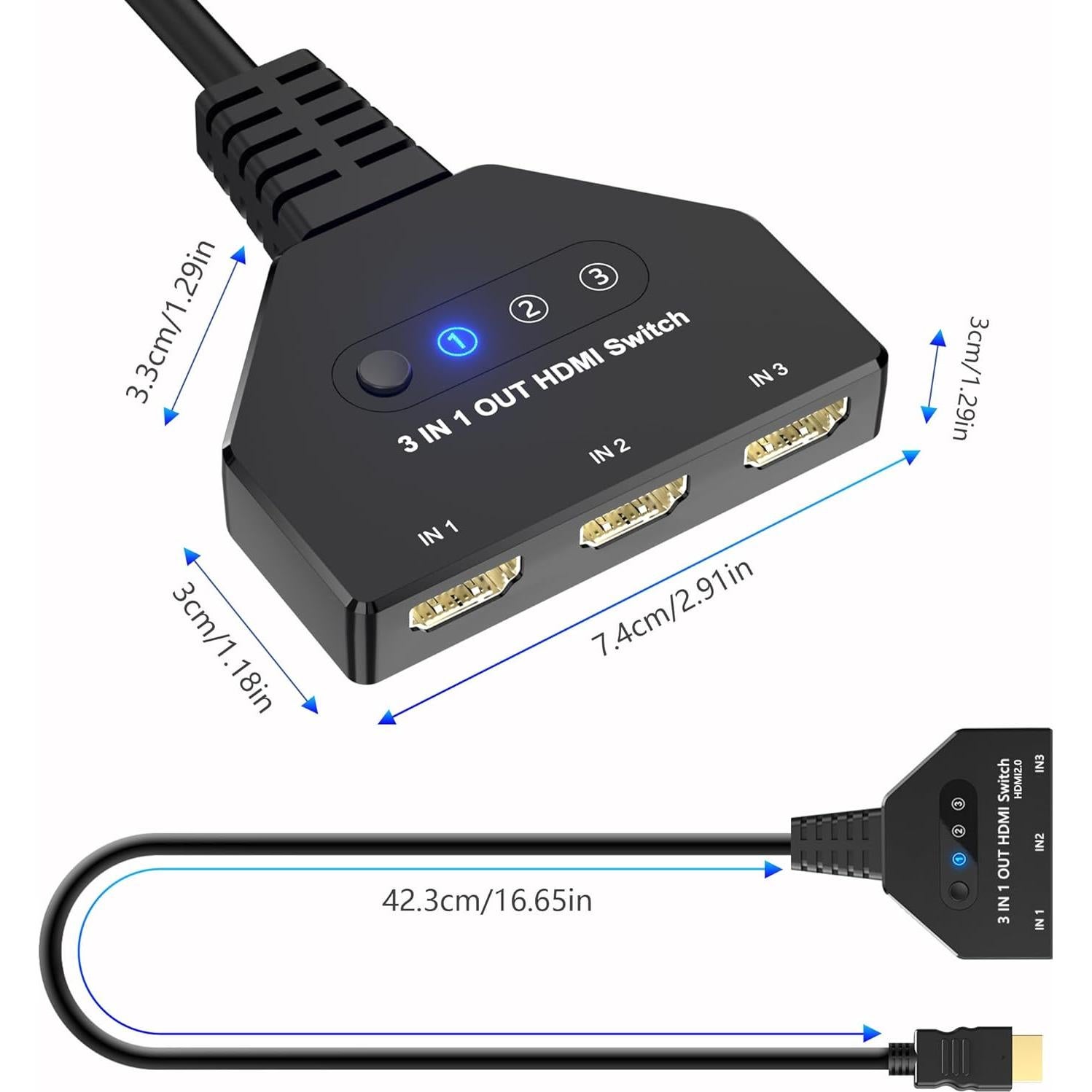 Conmutador HDMI 3 en 1 AUKOKIOULA 4K@30Hz Soporta 1080P 3D