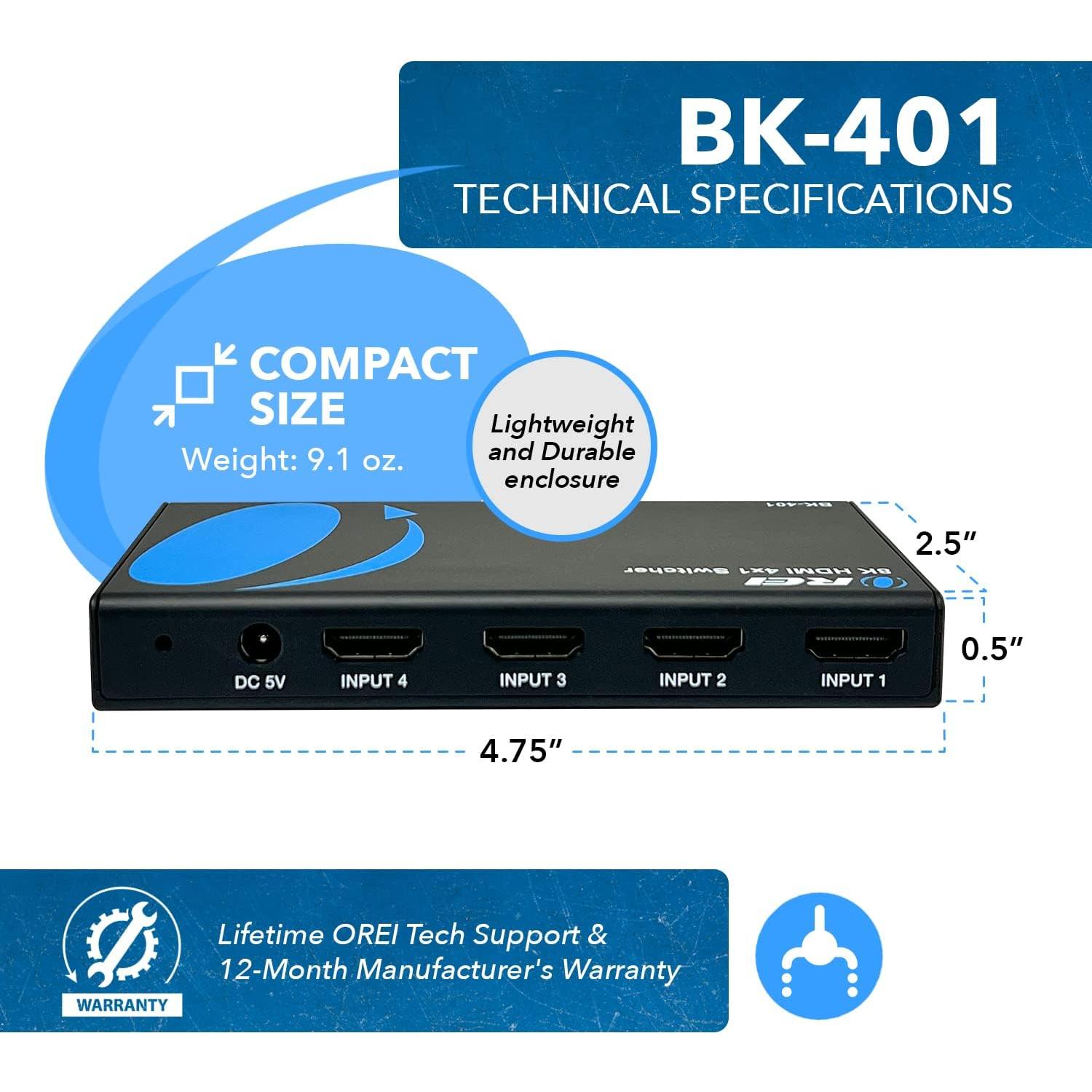 Interruptor HDMI 8K 4x1 OREI BK-401 48Gbps 4K@120Hz