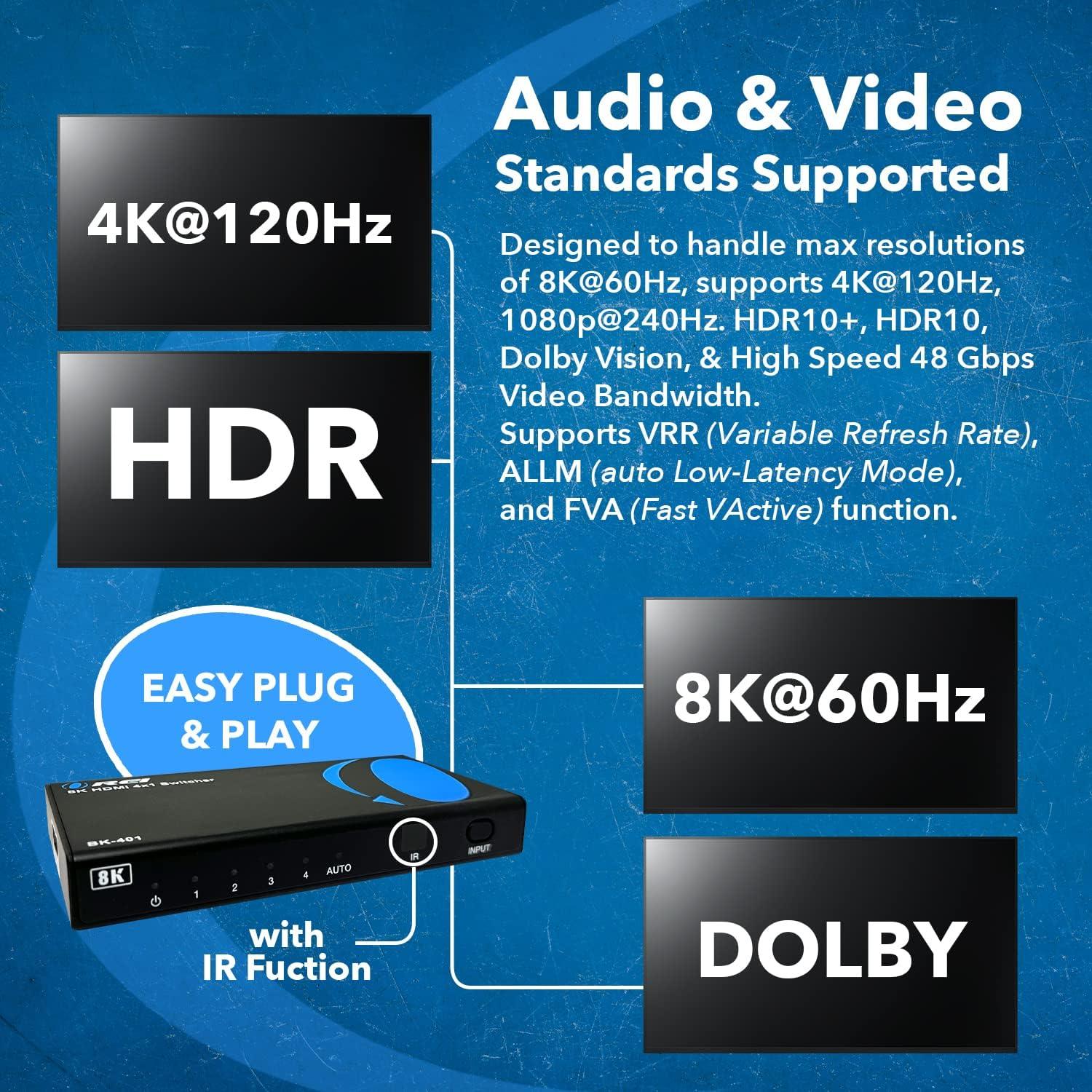 Interruptor HDMI 8K 4x1 OREI BK-401 48Gbps 4K@120Hz