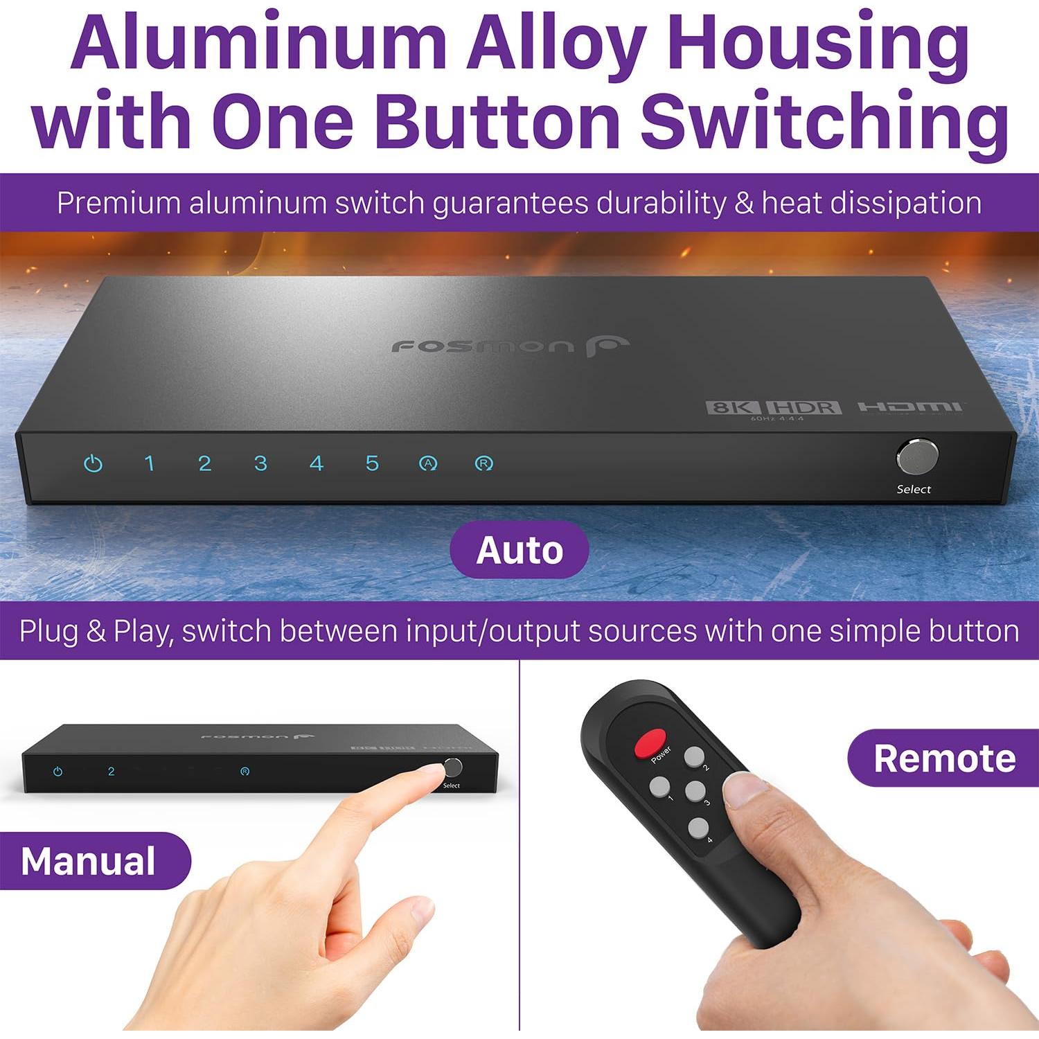 Interruptor HDMI 8K Fosmon 5 Puertos 48Gbps Control Remoto