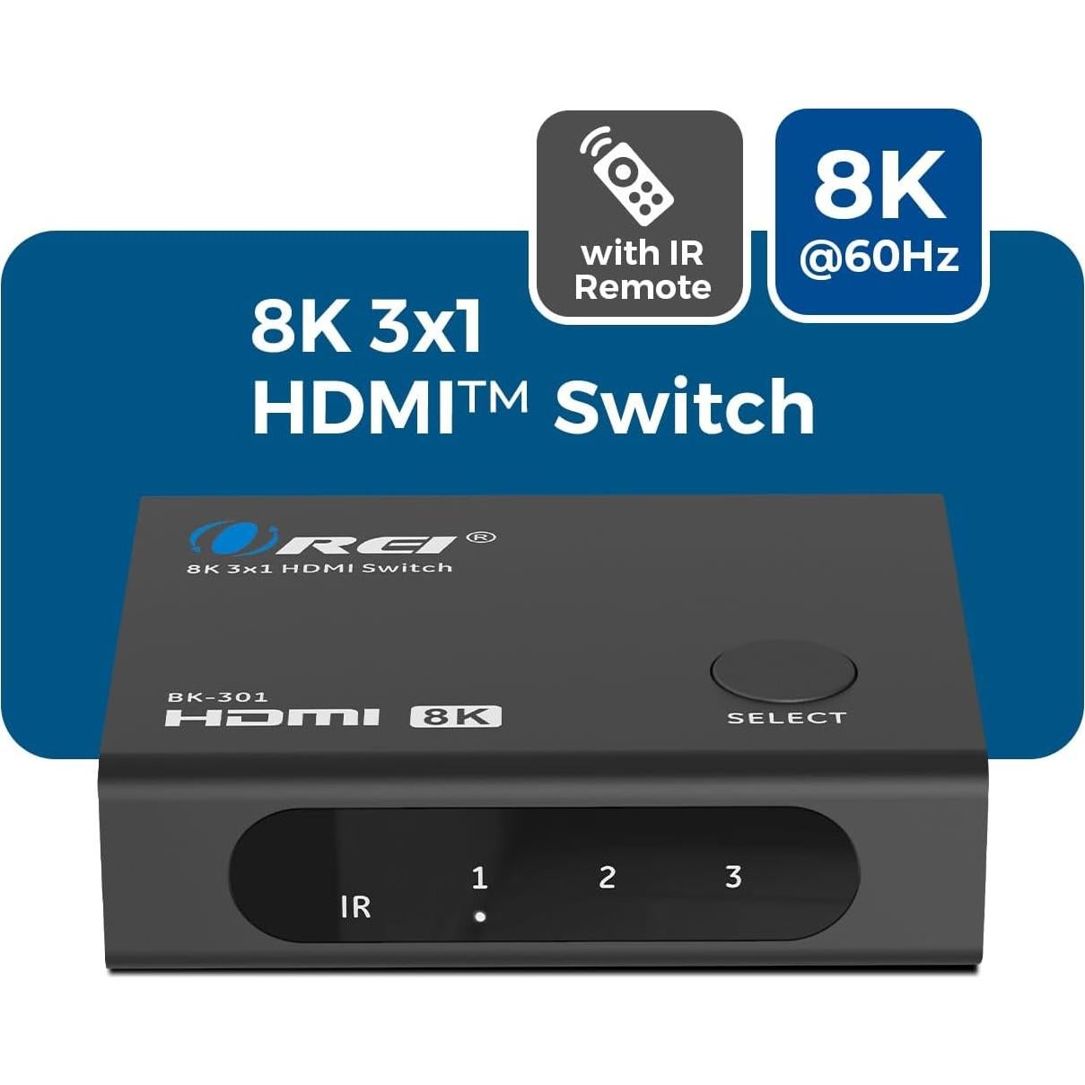 Interruptor HDMI 8K OREI BK-301 3x1 con Control Remoto 48Gbps